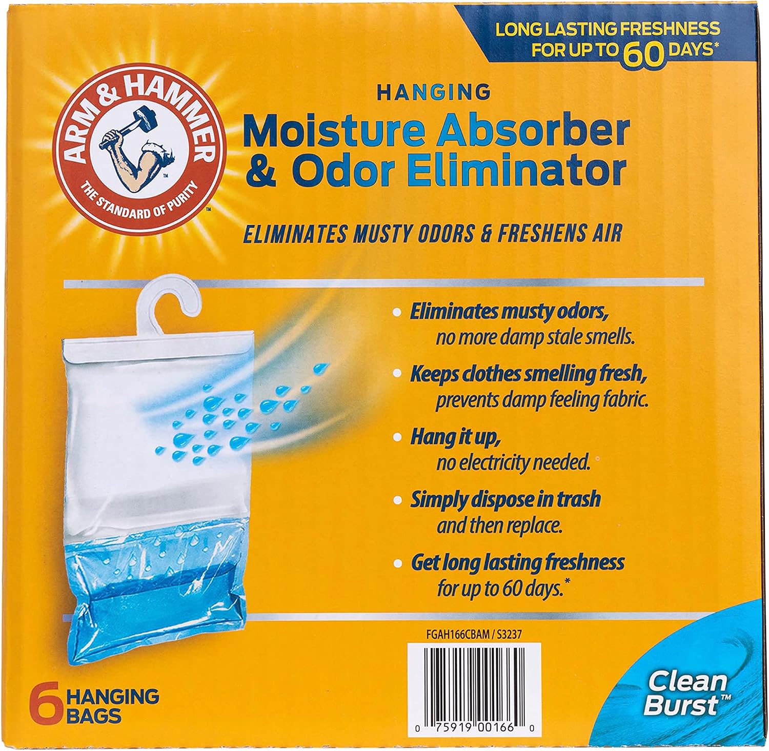 Arm & Hammer Hanging Moisture Absorber and Odor Eliminator, 16.1 oz., 6 Pack - Clean Burst, Moisture Absorbers for Closet and Small Rooms, Long-Lasting Freshness