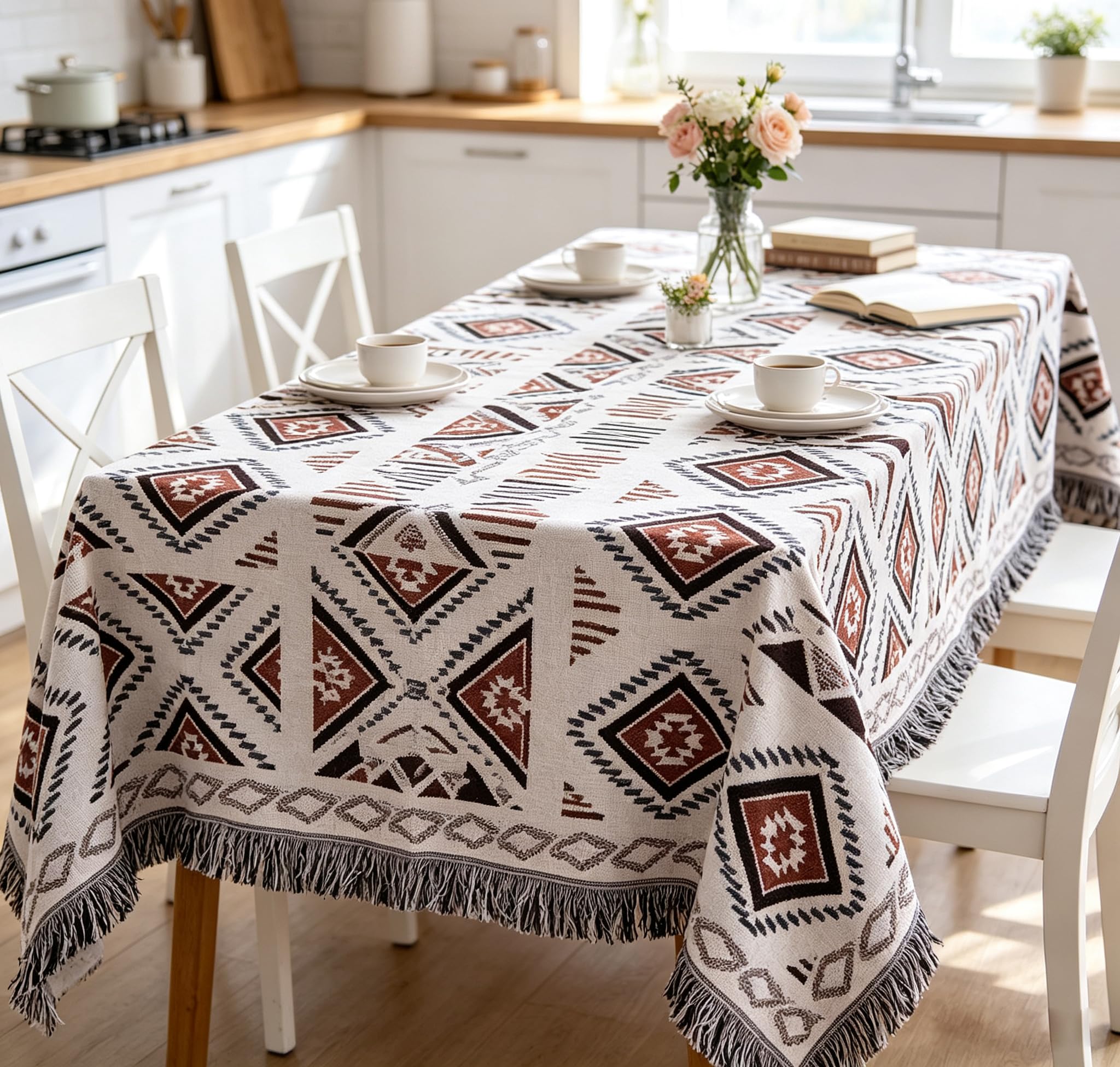 Luxlovery Azteckie koce narzutowe, beżowy, plemienny, boho, geometryczny, biały, khaki, na kanapę, łóżko, ponadwymiarowy pokrowiec na sofę z frędzlami, 160 cm x 218 cm