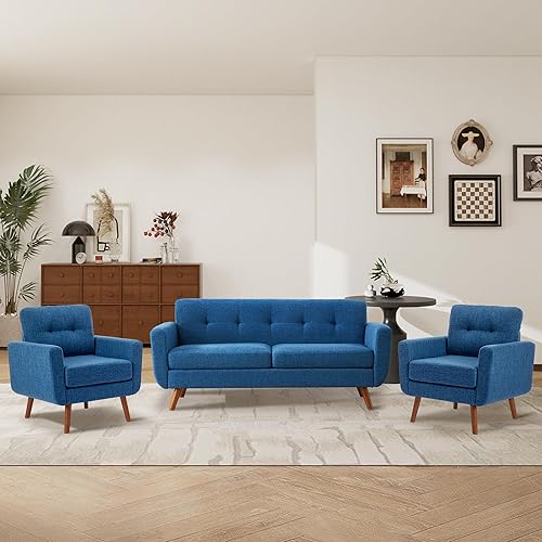 Miniatura 8 de Tbfit Sofá individual de tela de lino, silla de acento, sillón moderno de mediados de siglo para sala de estar, dormitorio, tapizado con botones,