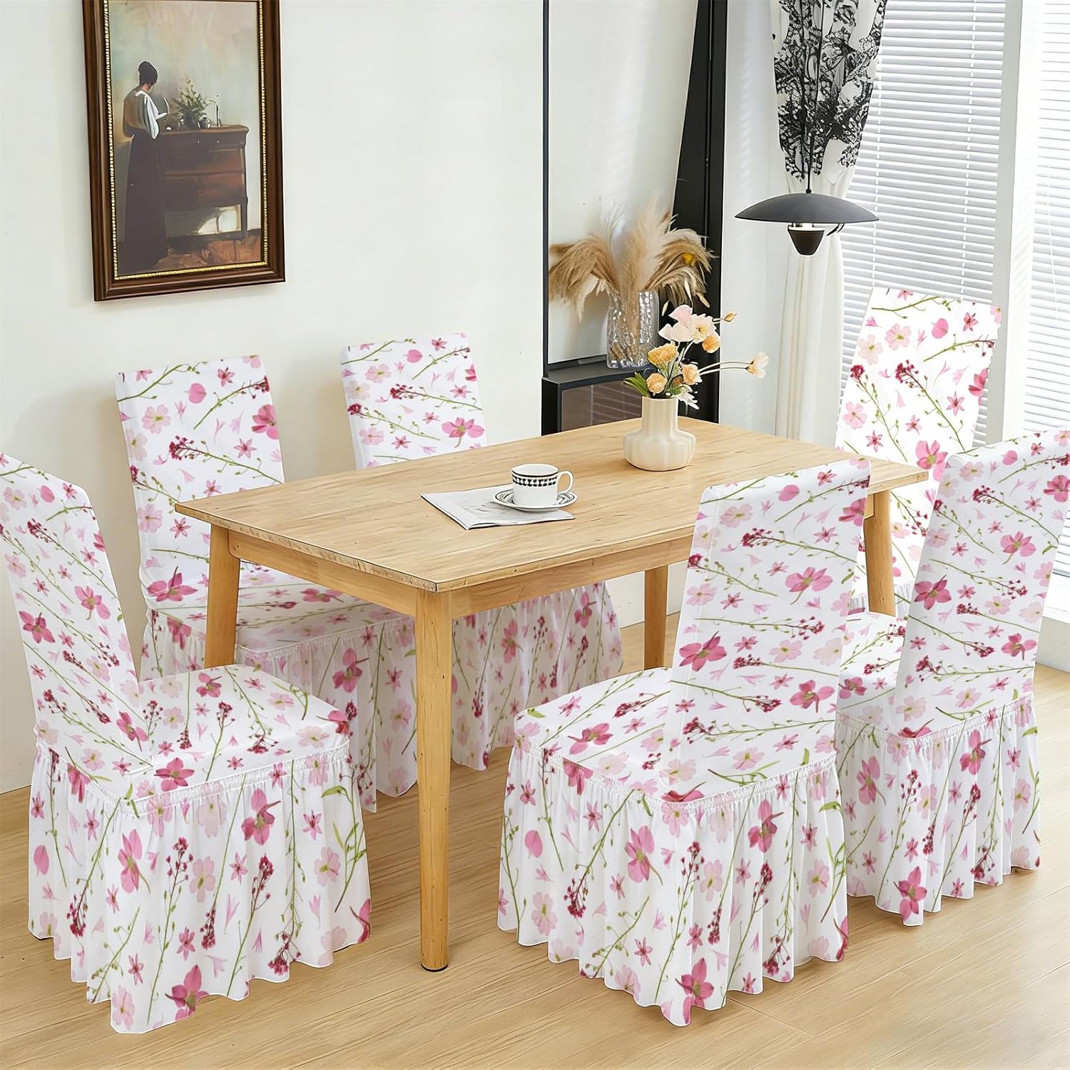 Rakila 6 Pack Printed Stretch Dining Chair Covers with Skirt, Spandex Removable Chair Slipcovers for Dining Kitchen Decoration, Cherry Blossom Pink Floral, Set of 6