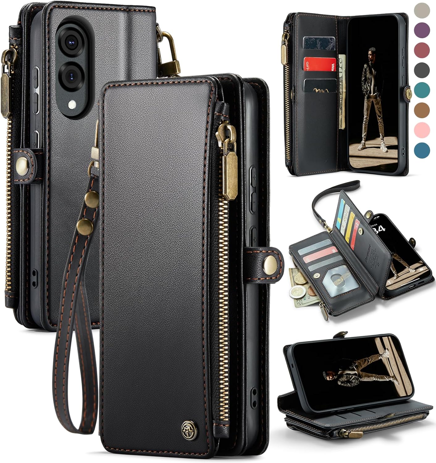Defencase for Galaxy S25 Edge Case Wallet with RFID Blocking Card Holder for Women Men, Elegant PU Leather Magnetic Snap Flip Strap Zipper Phone Wallet Case for Samsung Galaxy S25 Edge 6.6", Black