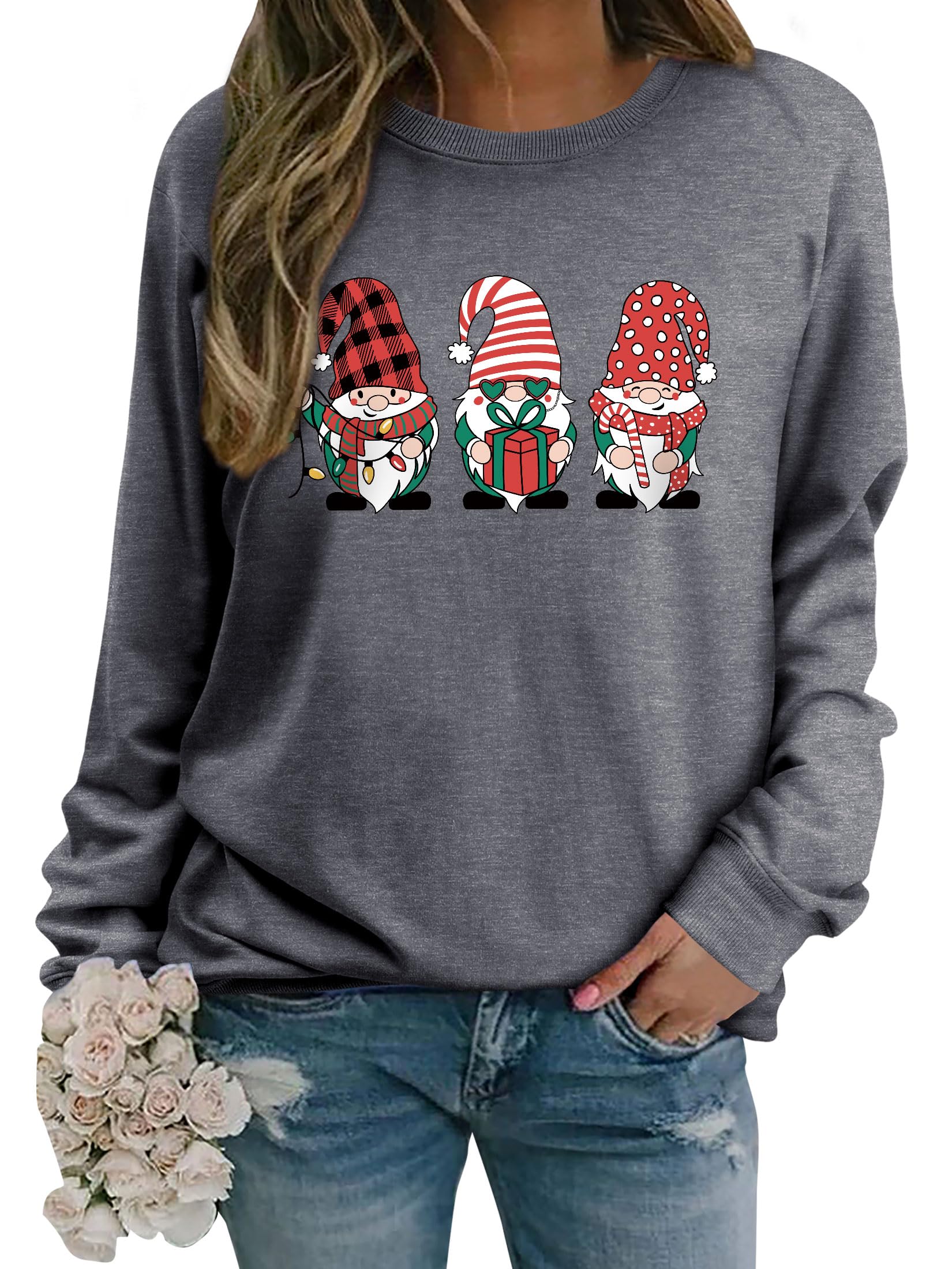 WIEIYM Felpa natalizia, a maniche lunghe, con stampa, girocollo, per feste, autunno, inverno, a maniche lunghe, elasticizzata, leggera, basic, Grigio neutro, M