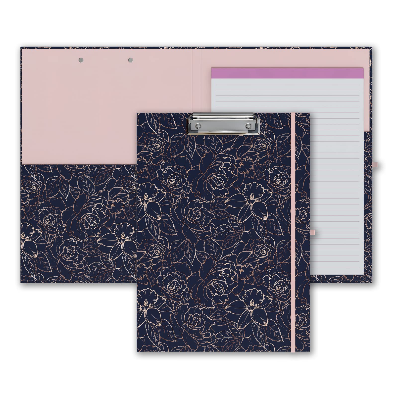 Cute Clipboard Folio with Refillable Lined Notepad and Interior Storage Pocket for Office Black A4 Foldable Clipfolio - Navy Floral
