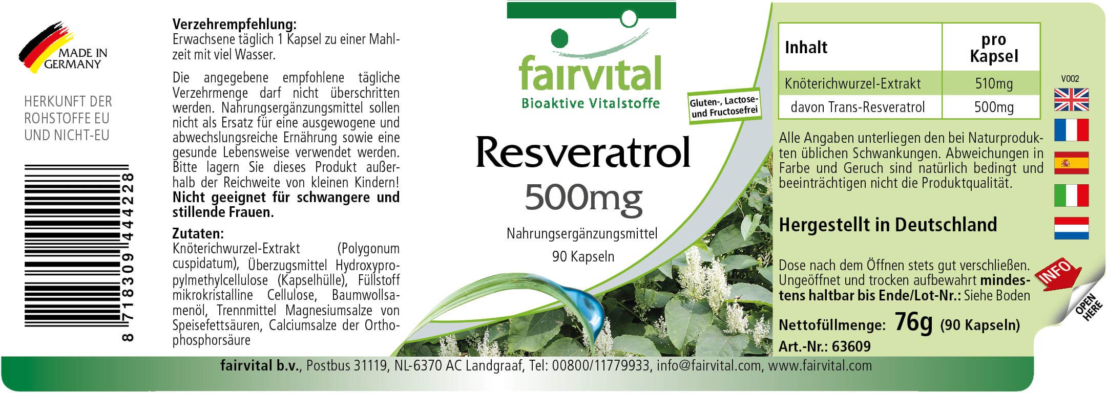 fairvital Resvératrol 500mg, 90 gélules, 500mg de trans-resvératrol par gélule, HAUTEMENT DOSÉ, à base d'extrait de renouée, végétalien