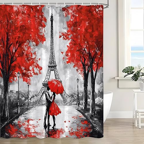 Miniatura 2 de Cortina de ducha con diseño de torre Eiffel, romántica, para parejas, amantes, rojo, gris, París, ciudad, árbol, pintura al óleo, arte retro