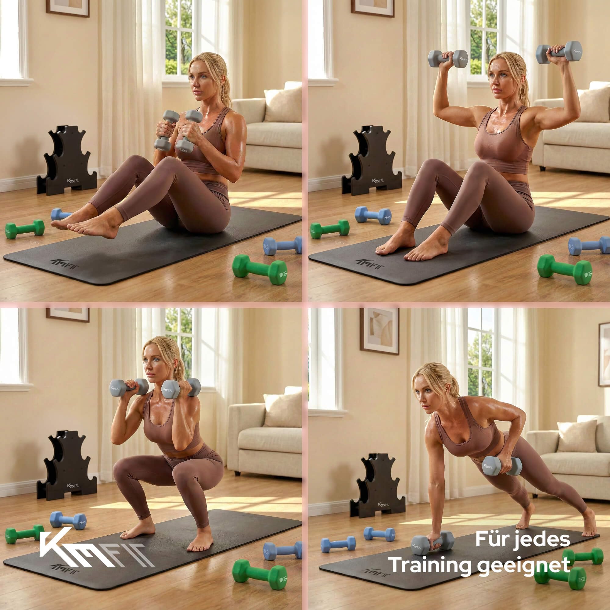KM-Fit Hantelset 18 kg mit Ständer | Neopren Kurzhanteln 1–5 kg | Gusseisen, ergonomischer Griff, rollsicher | Fitness & Krafttraining für Home Gym