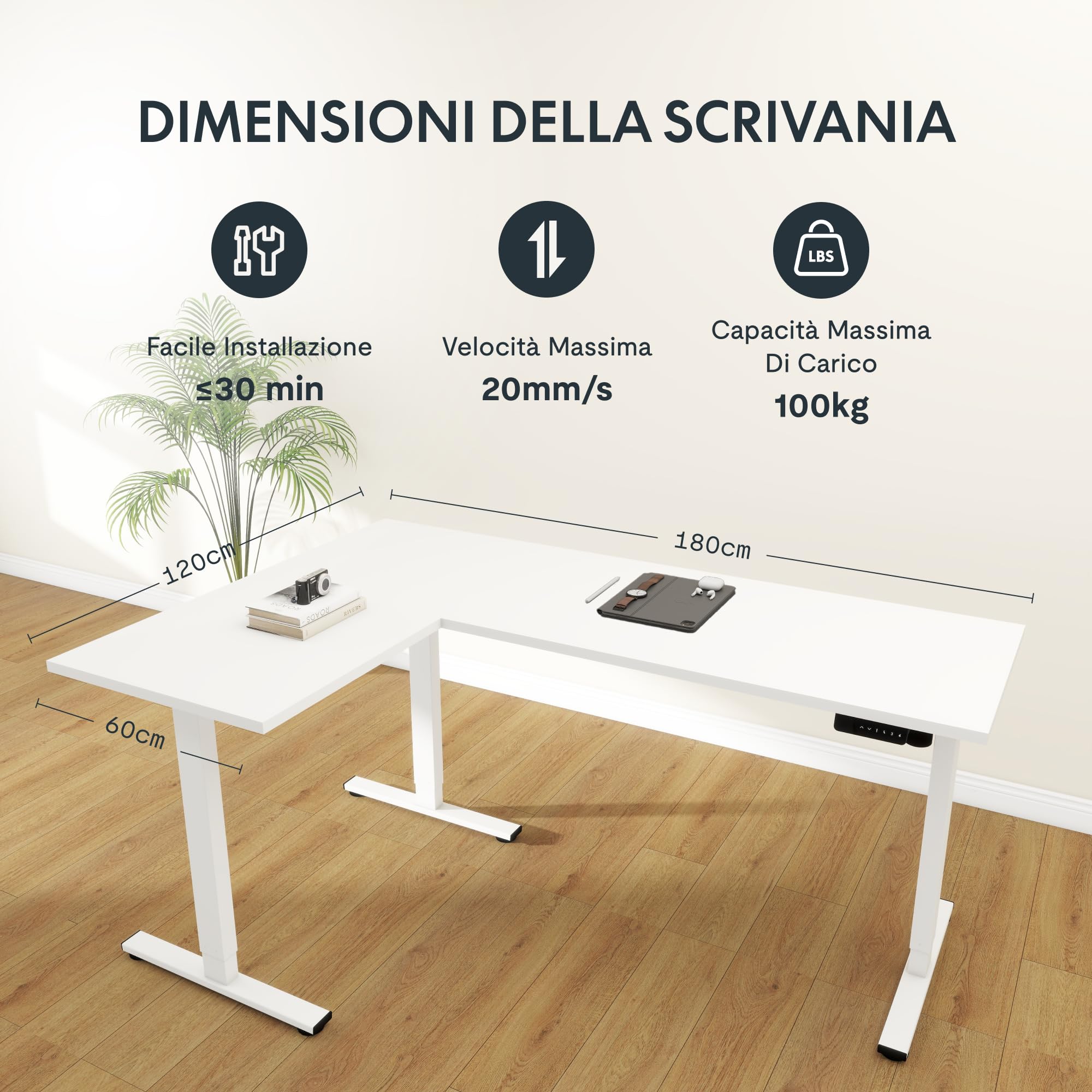 FLEXISPOT - Scrivania da ufficio angolare 180x120cm, tavolo a L con 3 piedi, scrivania elettrica regolabile in altezza con 4 pulsanti di memoria e sistema di sicurezza anti-collisione (Bianco)