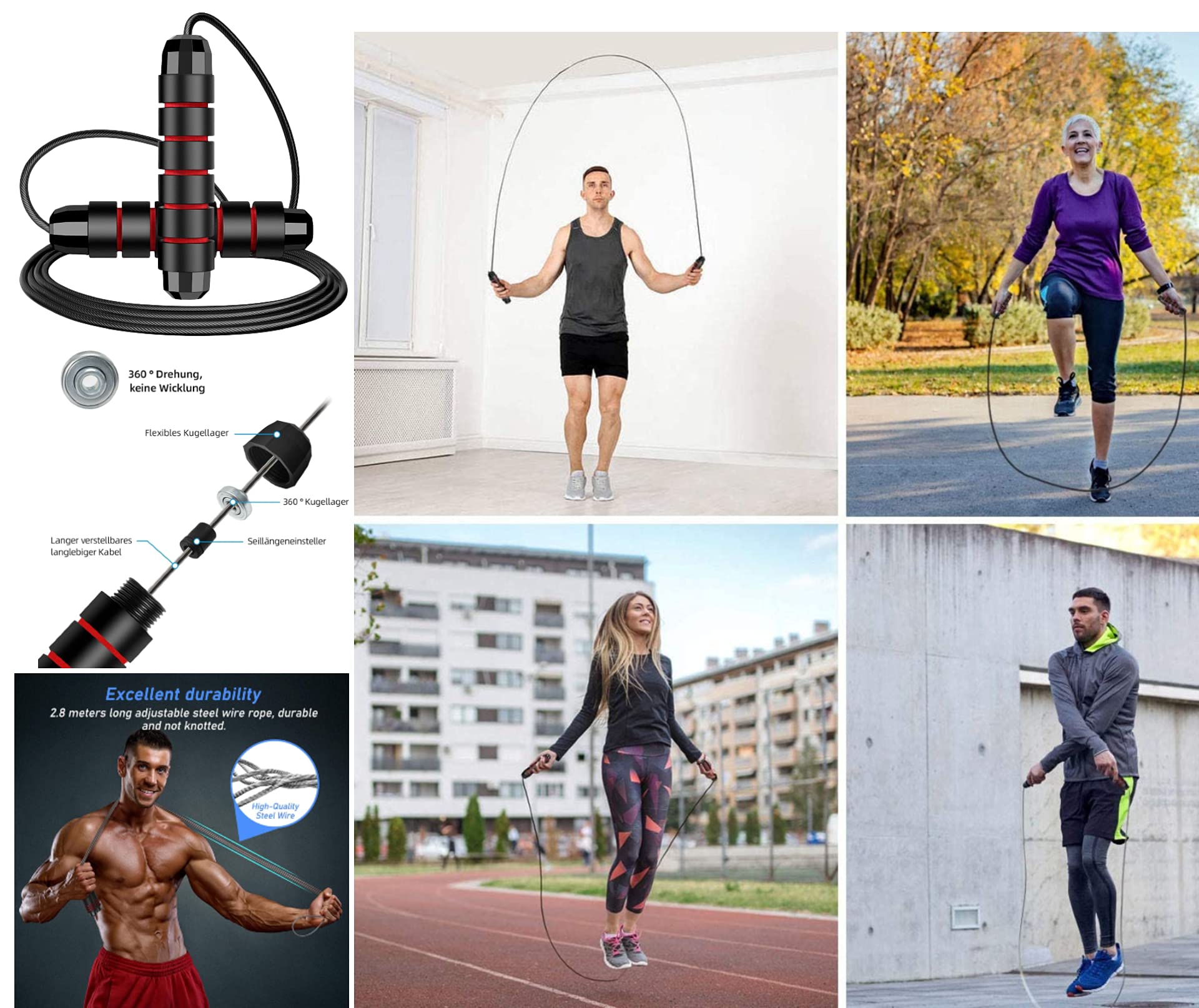 Hula Hoop Ring Reifen Erwachsene und Kinder 5-8 Sektionen Abnehmen & HIIT Training | Bauch Beine Po Training | Fitness Set 4-teilig inklusive Springseil, Maßband & Tasche zur Aufbewahrung