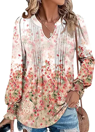 BETTE BOUTIK Long Sleeve Shirts for Women Fall Tops Dressy Blouses Pleated V Neck Tunic Tops for Leggings S-3XL
