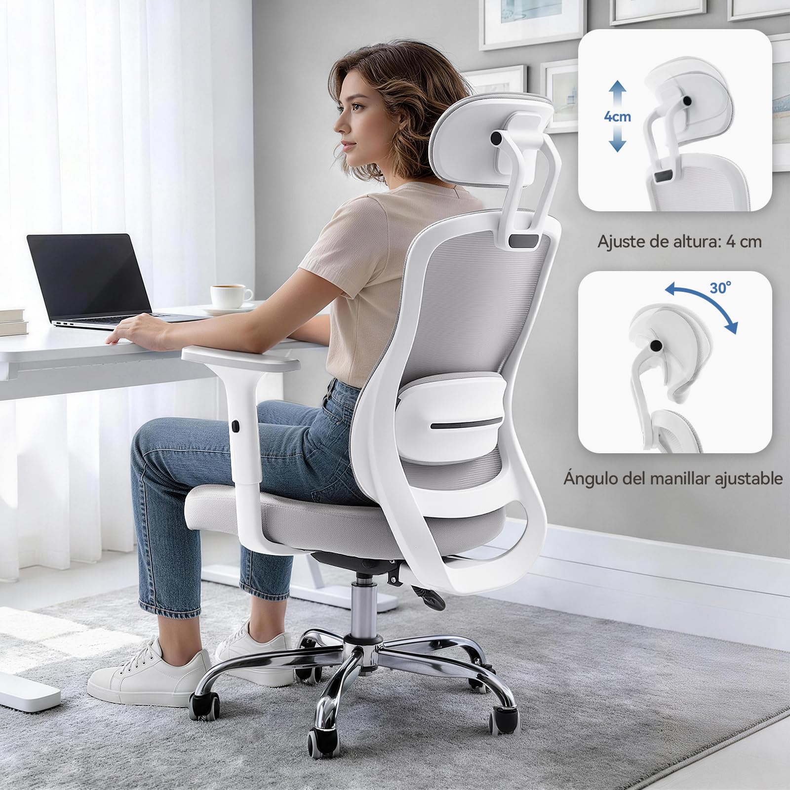 rattantree 150kg Silla Oficina Ergonómica Malla reposabrazos 3D | Respaldo reclinable con cabecero, altura regulable, ruedas silenciosas, apta teletrabajo y gaming, montaje sencillo, gris