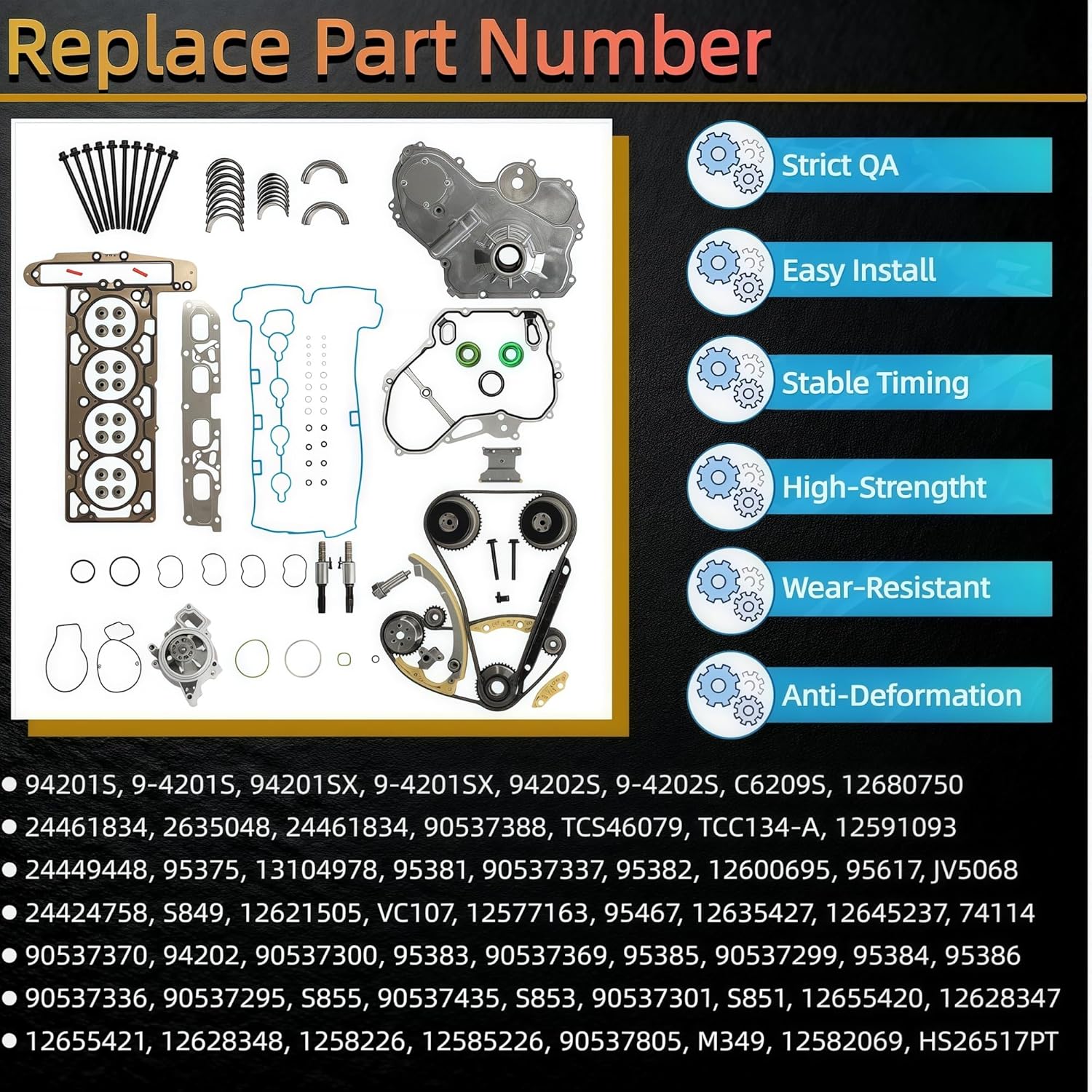 2.4L Timing Chain Kit w/VVT Gea & Head Gasket Set & Bearing Set & Oil/Water Pumps Fit For Buick Regal Verano LaCrosse Chevy Equinox Malibu GMC Terrain Pontiac G5 2.2L 2.4L Ecotec 9-4201S HS26517PT