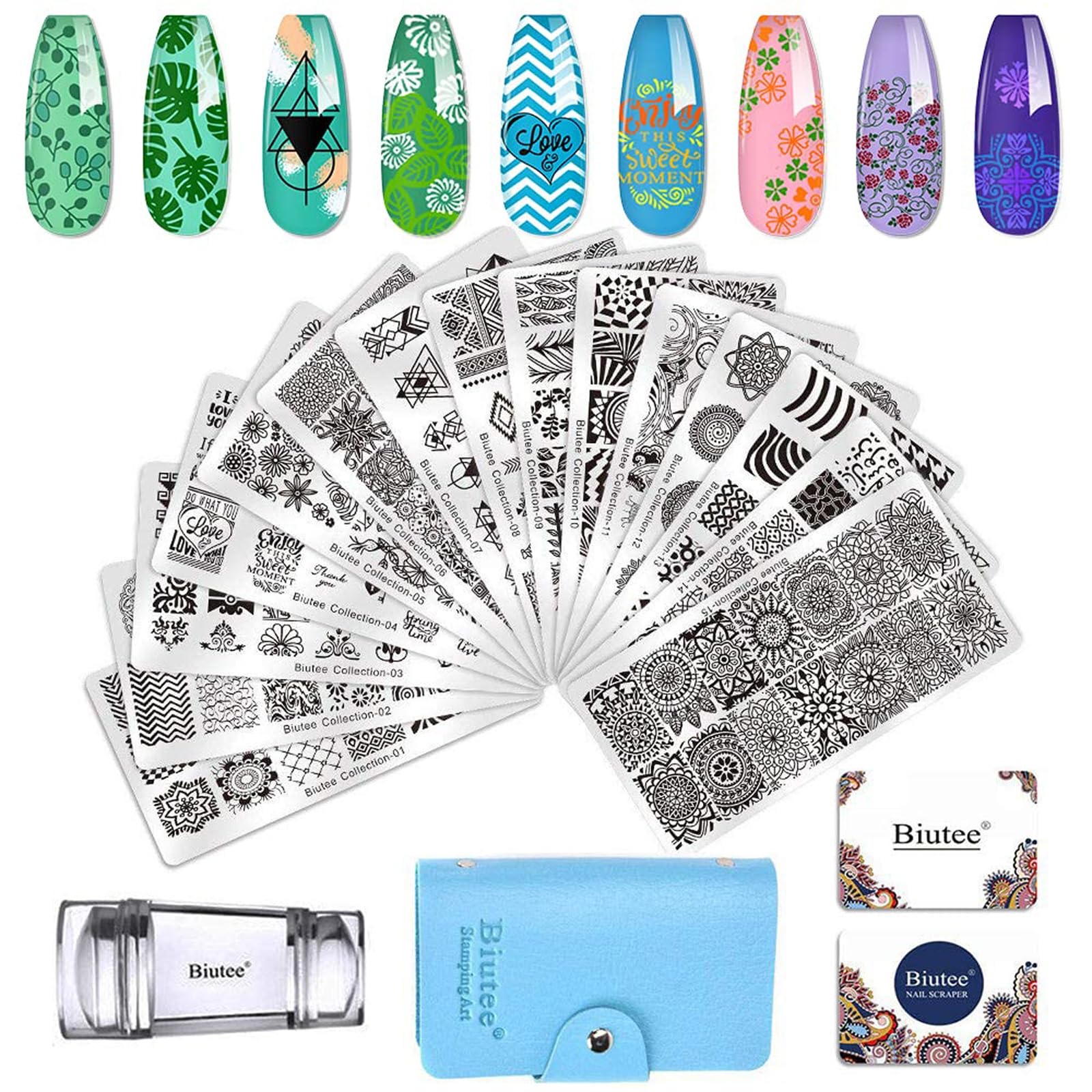 Biutee Set de Stamping Nail Art Kit d'estampage d'ongles 15 pièces modèles d'art d'ongle avec motifs d'animaux, de feuilles et de fleurs 1 Tampon 2 Grattoir 1 Paquet de Cartes