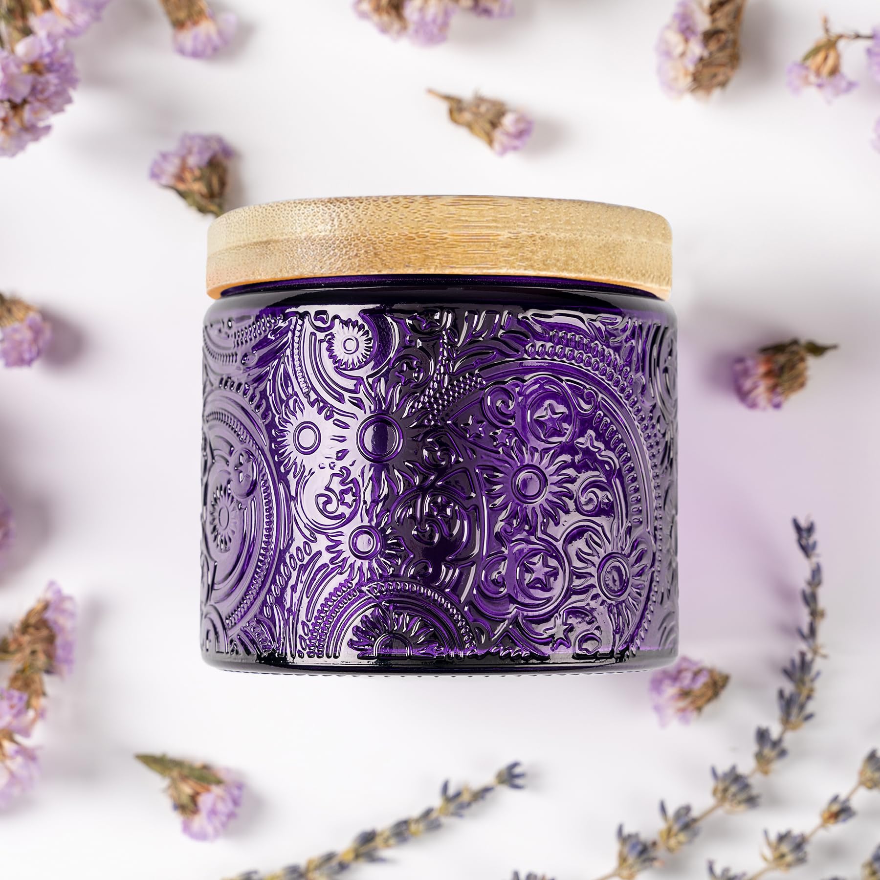 10 oz Embossed Glass Candle Container with Bamboo Lids and Labels, Clear Candle Jars for Making Candles, Sun Moon Stars Design - Pack of 9 (Purple)