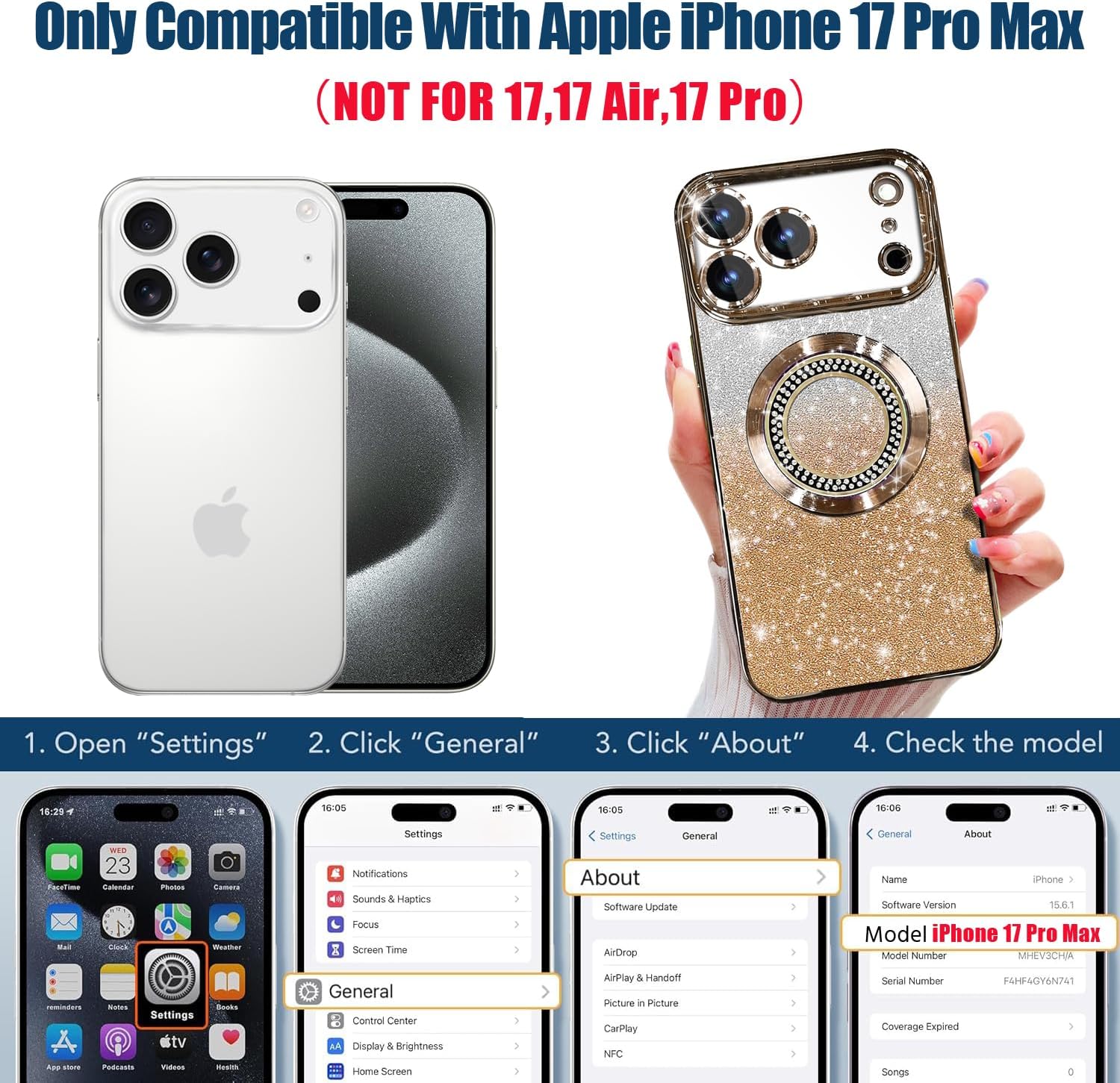 Misscase for iPhone 17 Pro Max Magnetic Glitter Case Compatible with MagSafe,Full Protection Slim Shockproof Anti-Scratch Case with Camera Lens Protector Plating Bling Dust-Proof Net Gold - Image 2