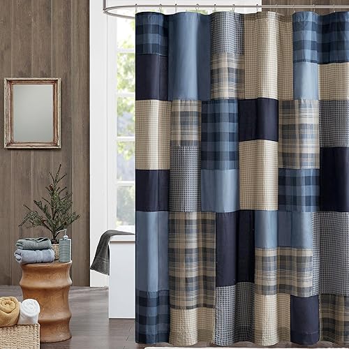 Woolrich Winter Hills - Cortina de ducha 100% algodón, diseño a cuadros de cabaña, decoración de baño de granja, lavable a máquina, pantalla de Azul