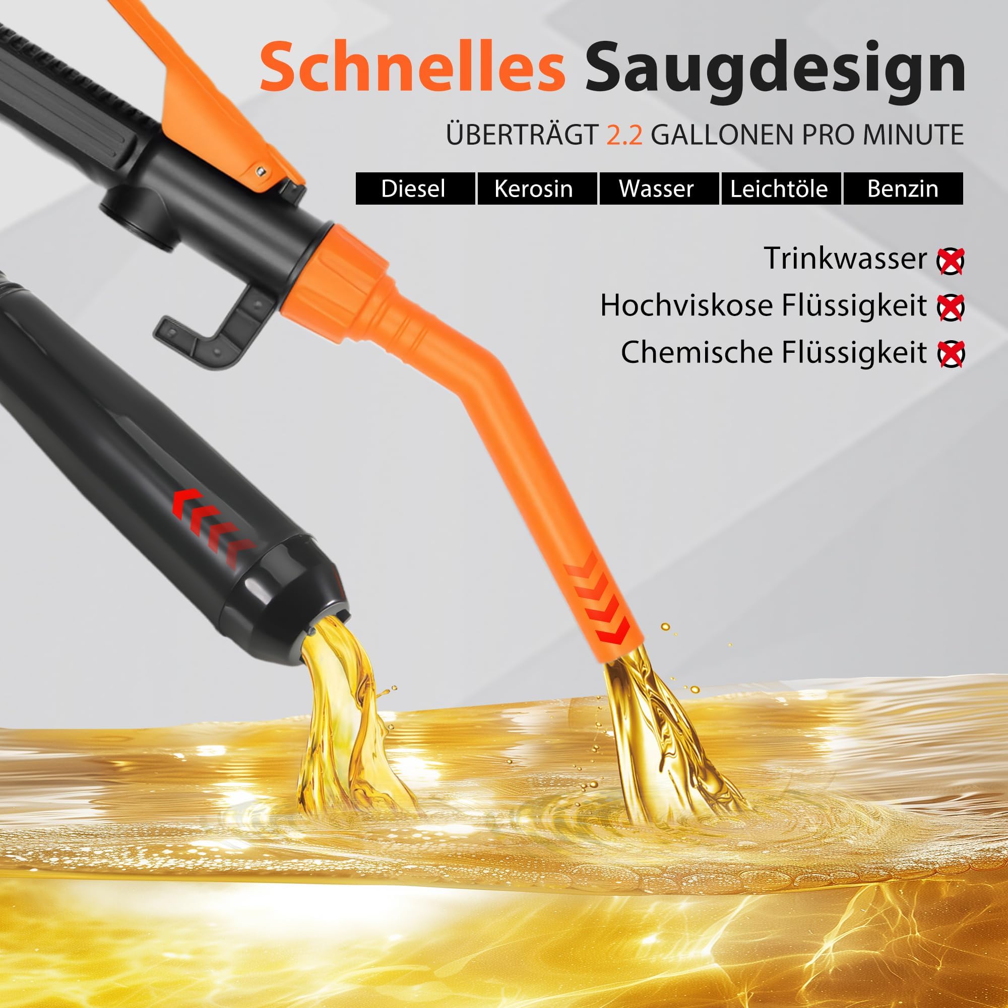 Pompa Trasferimento Liquido Pompa Multifunzione Alimentata a Batteria, Pompa Fino a 9 Litri (2,4 GPM) Al Minuto Pompa Portatile per Benzina, Diesel Acqua, Carburante (Arancione)