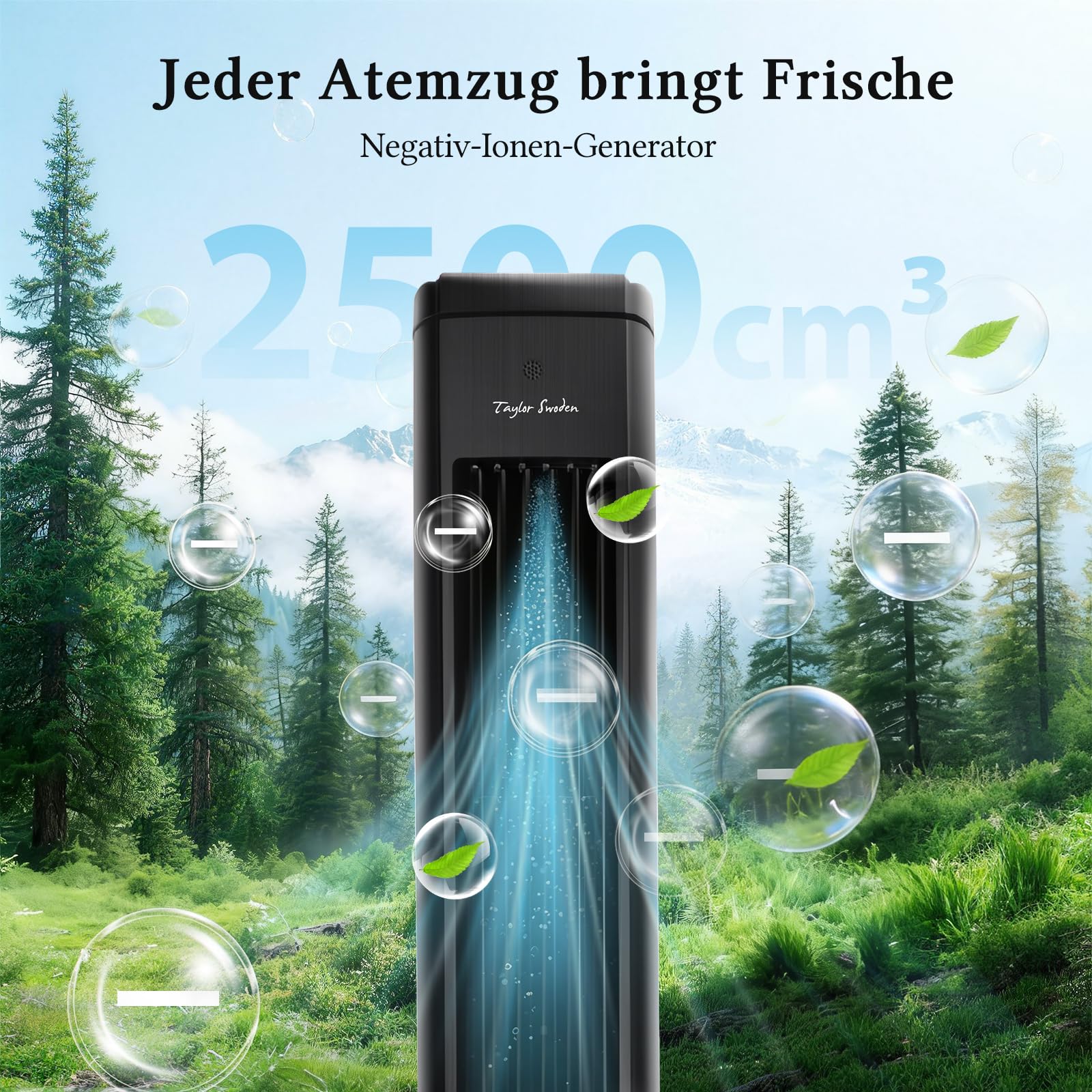 Taylor Swoden Turmventilator mit Wasserkühlung leise, 5-in-1 Luftkühler mit ION-Technologie & Aromadiffuser, 5L Wassertank, 75° Oszillation, 3 Geschwindigkeiten/Modi, 7h Timer, Fernbedienung, Schwarz