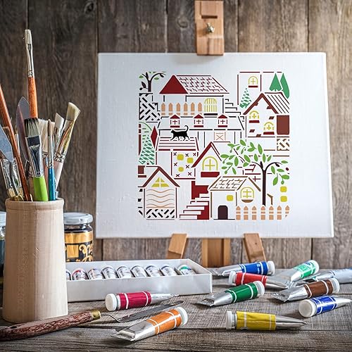 Miniatura 7 de FINGERINSPIRE Houses - Plantilla de pintura de pueblo pequeño de 11.8 x 11.8 pulgadas, árboles reutilizables, para gatos, plantilla de plástico PET