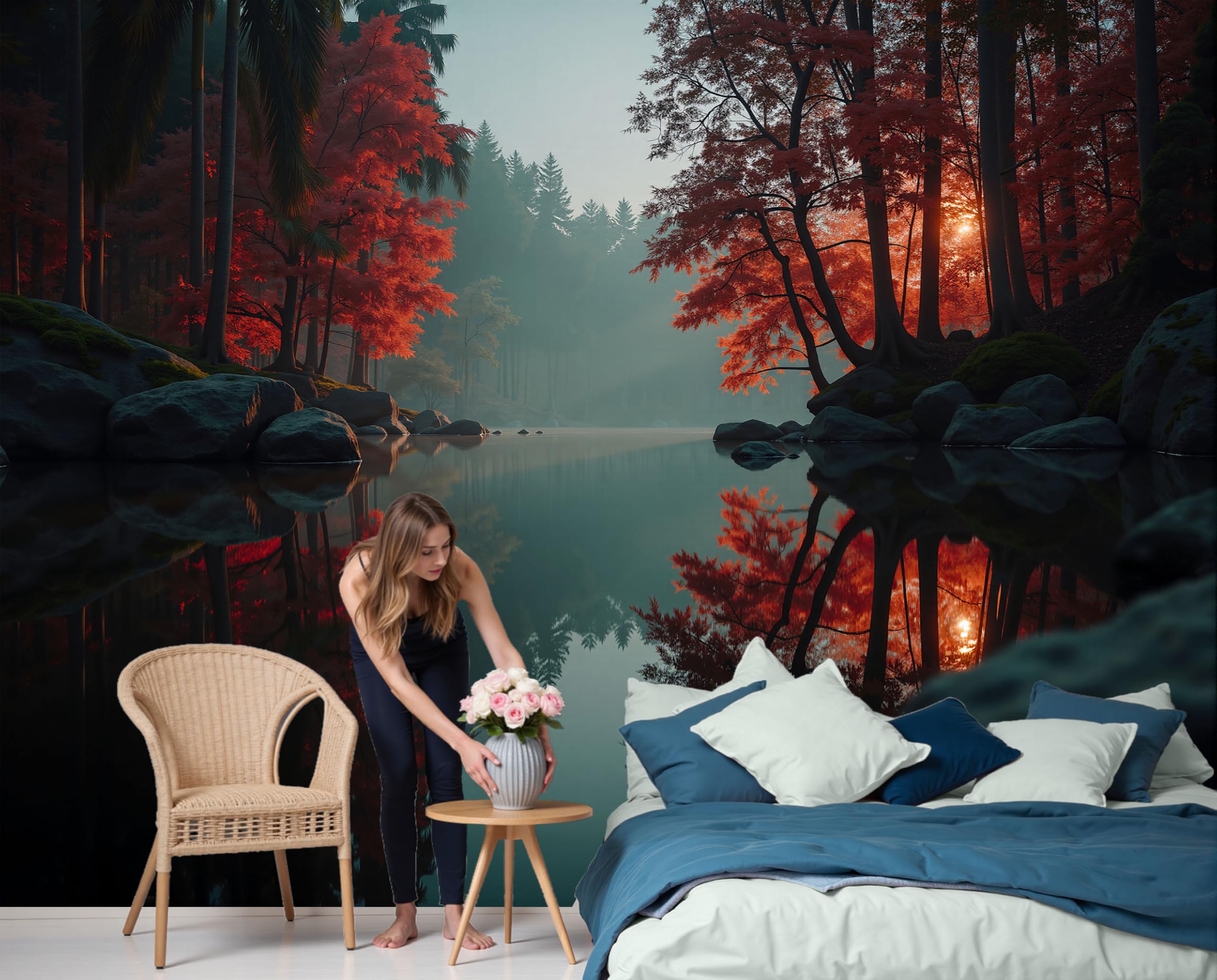 CECE&COLE Waldlandschaft Panorama-Tapete Orangerot | 400×280 CM, Seide, Ahornwald Stilles Wasser Sonnenuntergangsglühen XXL-Poster, Wanddeko für Schlafzimmer, Wohnzimmer