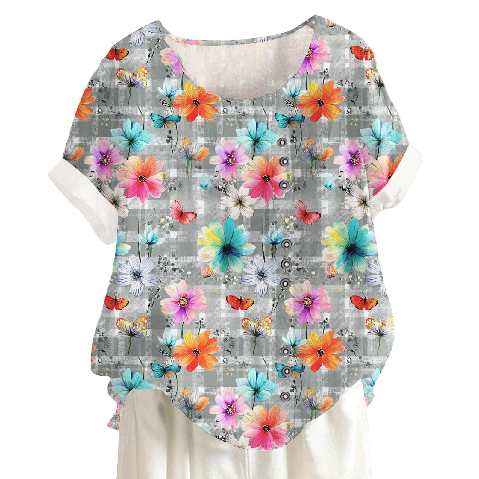 Boho Floral Graphic Shirt Comfy Summer Casual Beach Blouse Fashion Short Sleeve Crewneck Tops Loose Fit Pullover