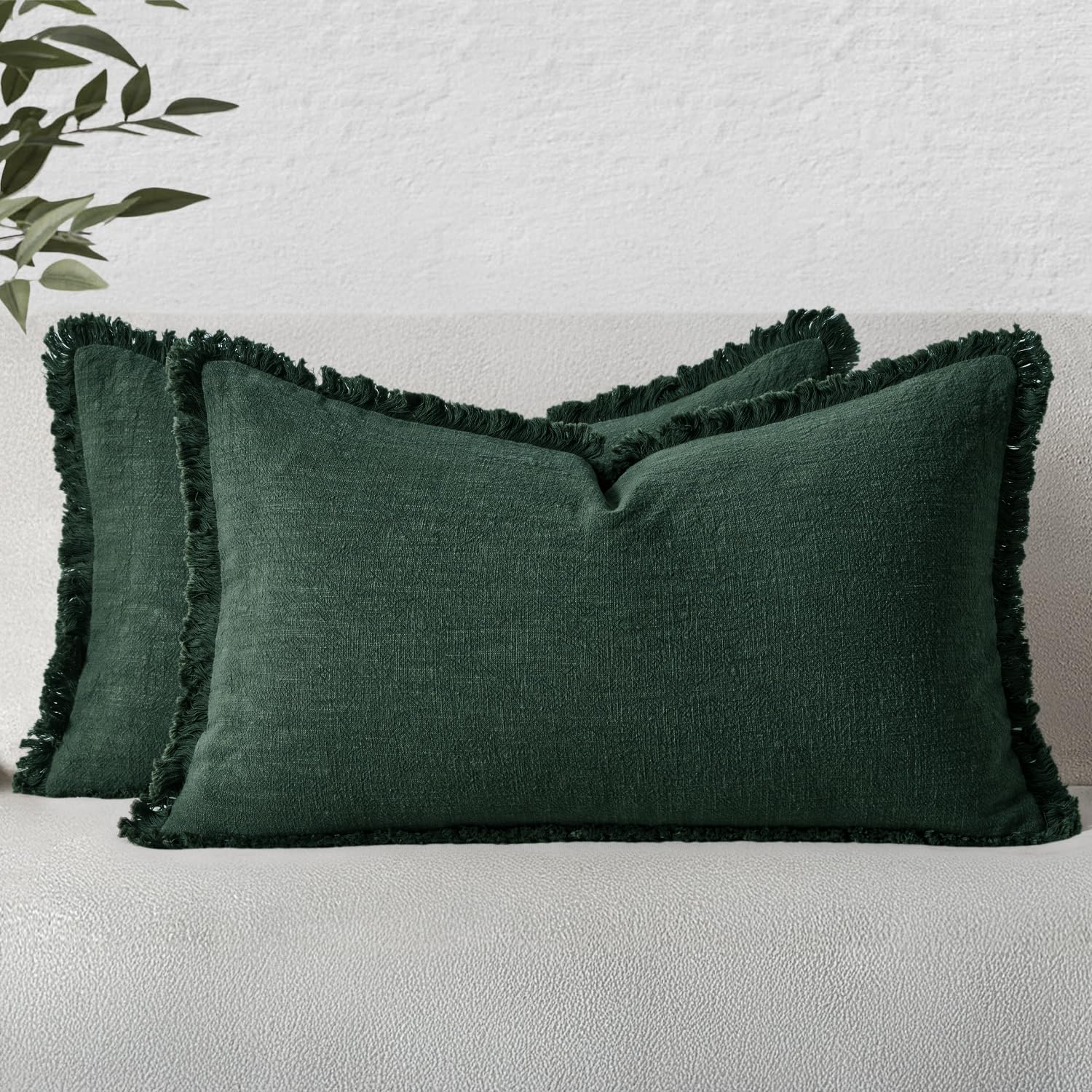 MIULEE Linen Fringe Decorative Lumbar Throw Pillow Covers Army Green 12x20