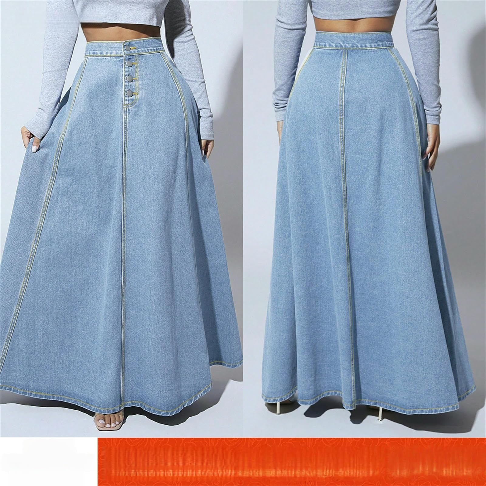 Rock Einreihiger Jeansrock Für Damen – Schicker, Ausgestellter Midirock In A-Linie (frühling Sommer)-hellblau-l