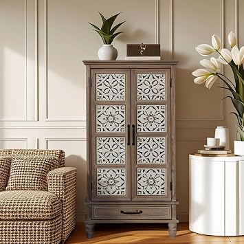Vintage Storage Cabinet with 2 Doors and Drawer,Natural Wood Tall Cabinet with Adjustable Shelves Storage Organizer for Living Room,Kitchen