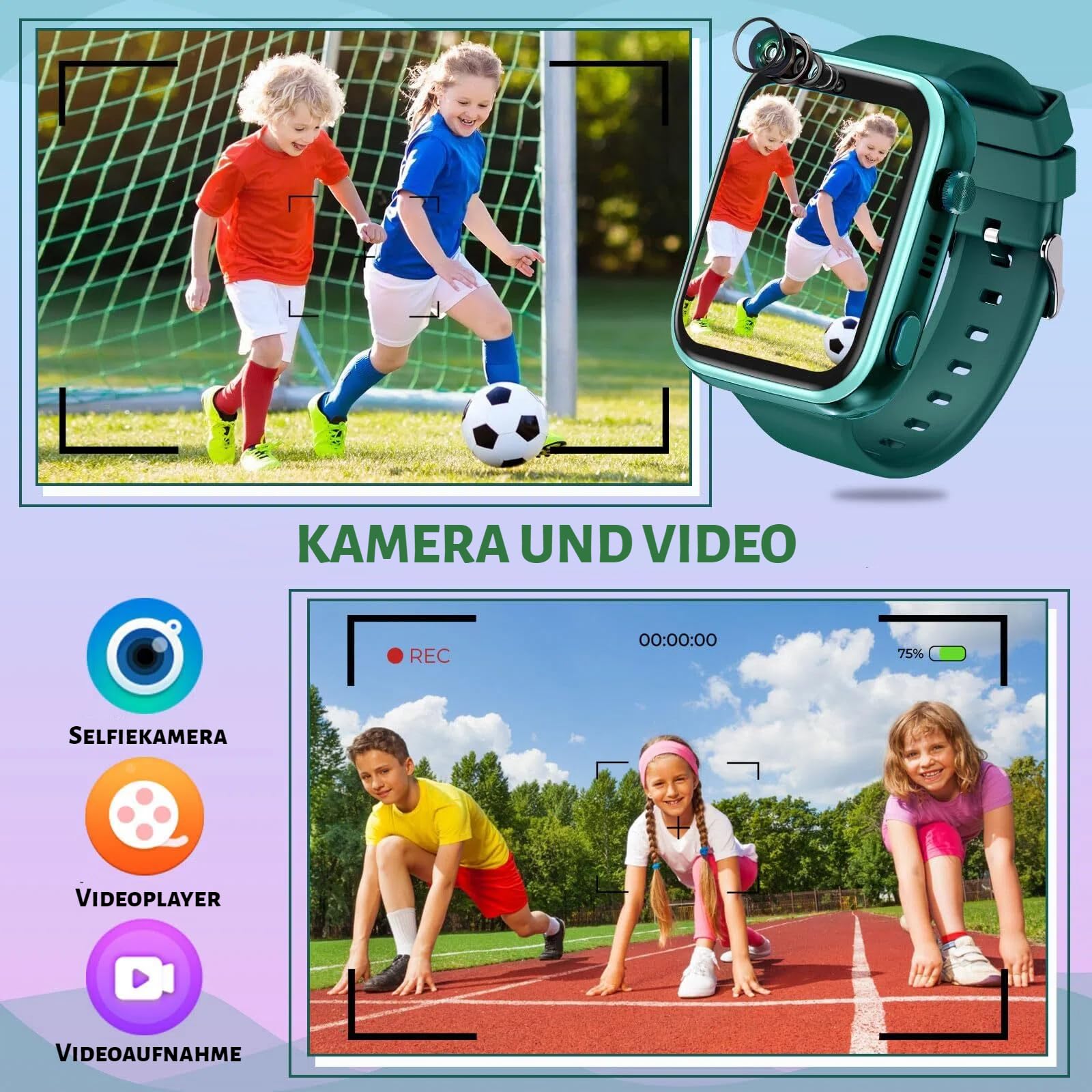 OKYUK Smartwatch dziecięcy 4G z trackerem GPS, dwukierunkowe połączenia, SOS, smartwatch z wieloma stylami pulpitu do wyboru dla 6-12 chłopców i dziewczynek (ciemnozielony)