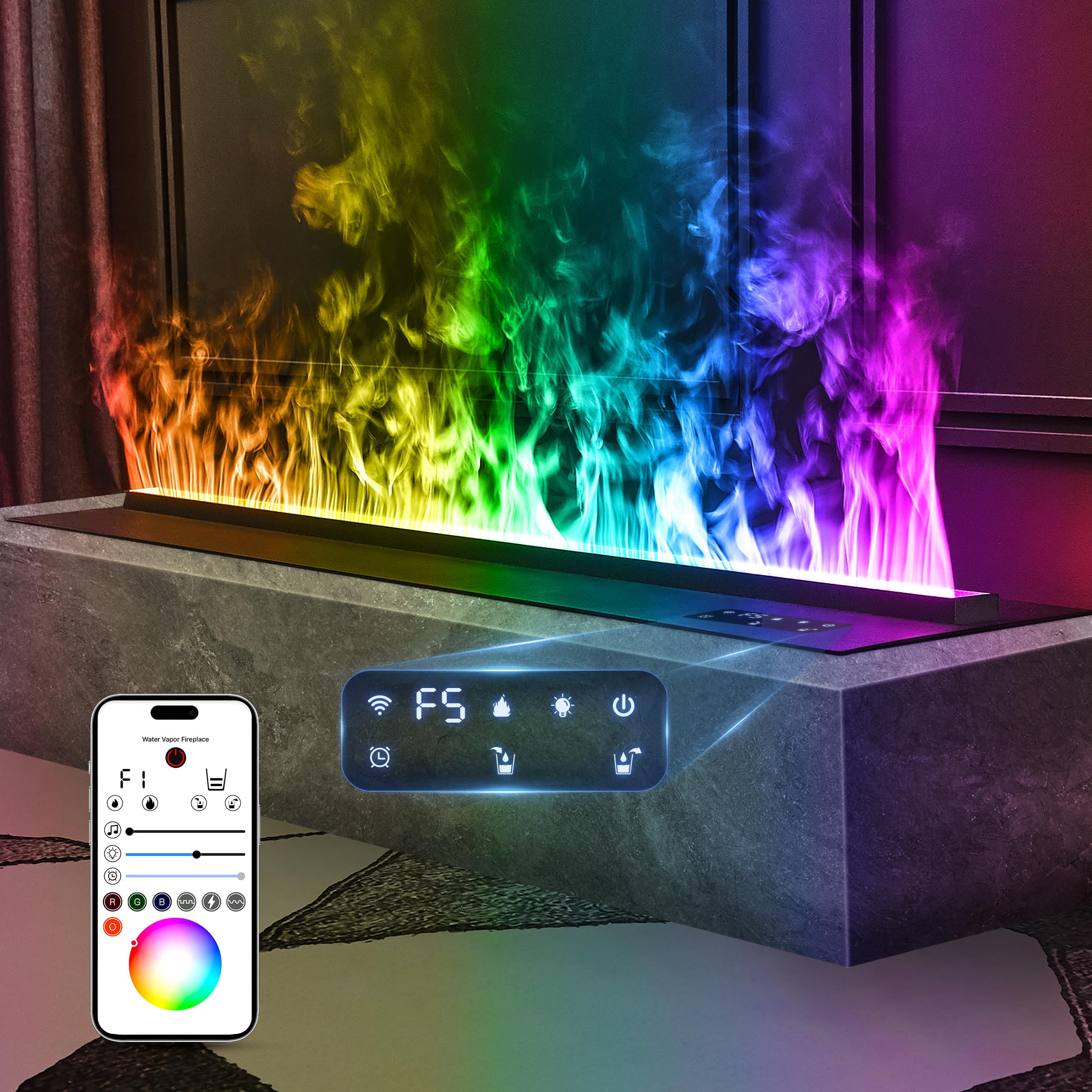 Chimenea Eléctrica De Vapor De Agua Con Mando Y Llama Multicolor  Empotrable 120x24x18cm