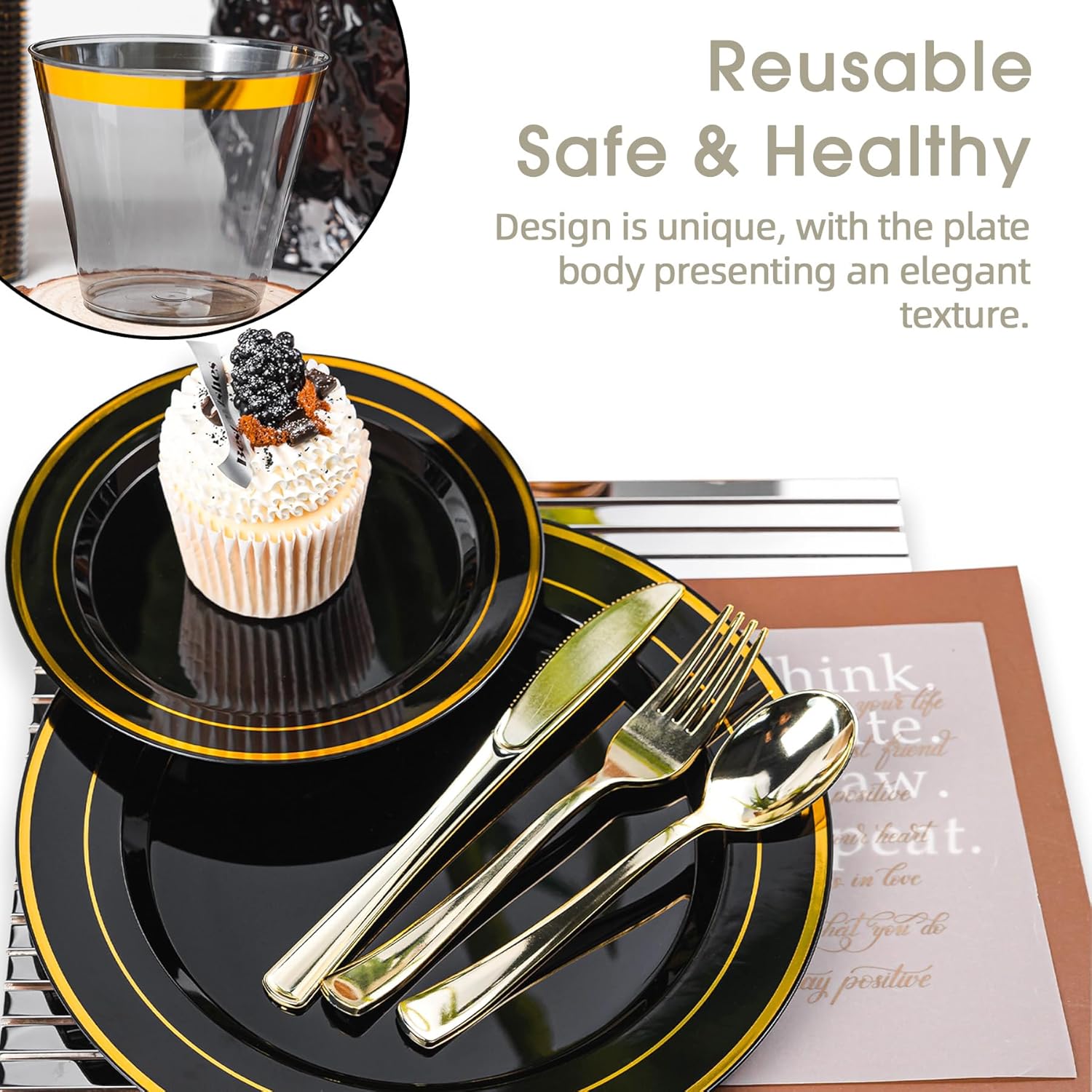 N9R 600PCS Black and Gold Plastic Dinnerware Set, Disposable Plastic Plates Includes 100 Dinner Plates, Dessert Plate, Cups, Spoons, Forks, Knives for 100 Guests, Perfect for Party, Wedding, Birthday