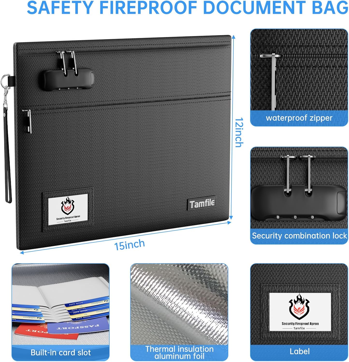 6400℉ Fireproof Document Bag with Lock, 15 x 12 inch Fireproof Money Bag 2 pockets with Zipper for Cash, Fire Safe Money Pouch Zipper for Important File,Valuables, Keys, Passports (Black) - Image 5