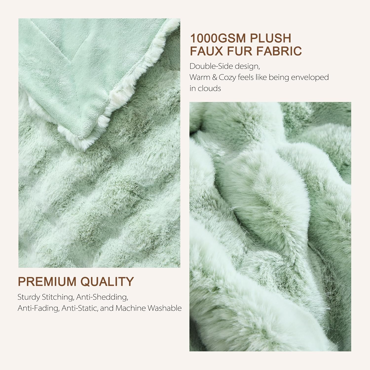 Luxury 1000GSM Faux Rabbit Fur Throw Blanket, Super Heavy Warm Cozy Blankets for Couch Bed Sofa, Bubble Plush Fuzzy Elegant Soft Reversible Mink Blanket for Living Room Bedroom, Green