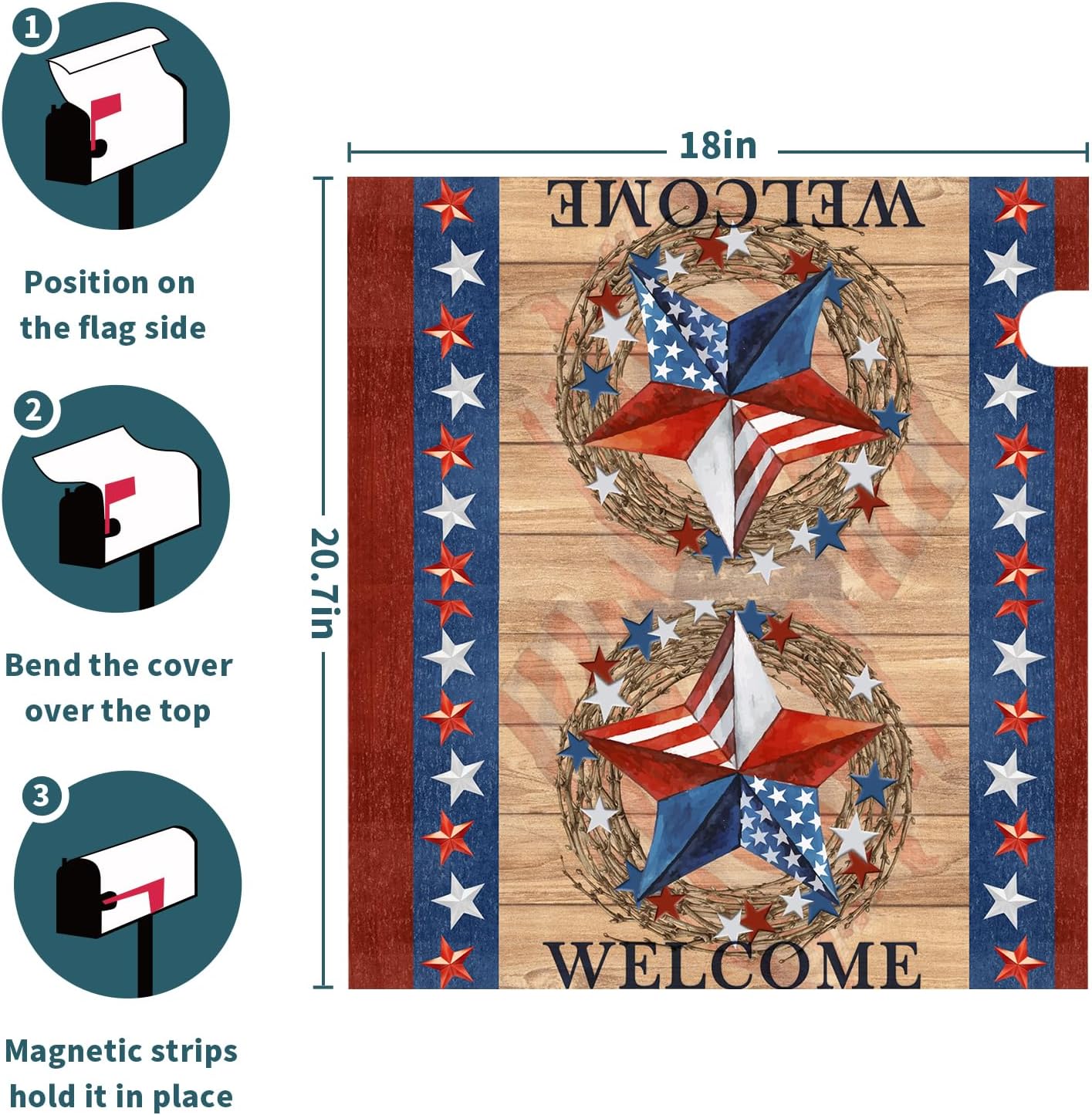 America Forever 4th of July Mailbox Cover Patriotic Star Mailbox Wrap Magnetic Standard Size 18X21 Inch USA Americana Barnstar Memorial Day Decorative Post Letter Box Cover for Outside