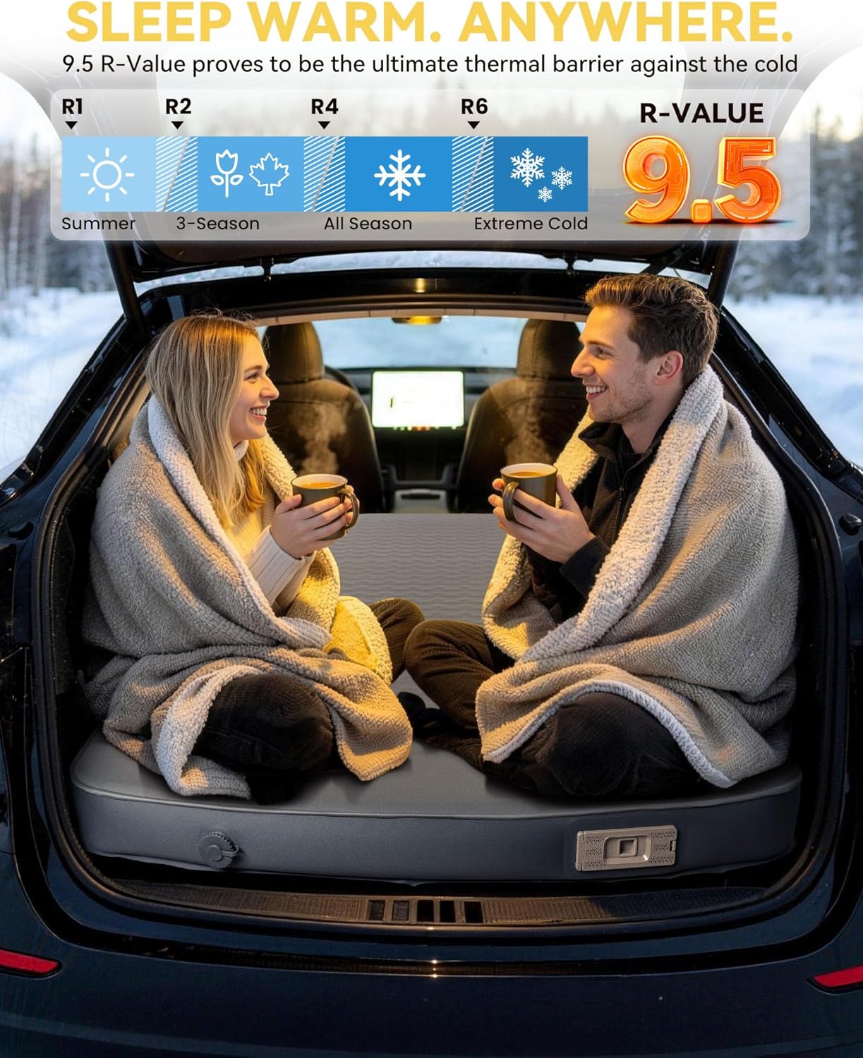 Hikenture Camping Mattress for Tesla Model Y, Electric Pump Self Inflating Sleeping Pad, 4” Thick Foam & Air Model Y Mattress Bed, 9.5 R-Value Insulated Camping Pads for Tesla