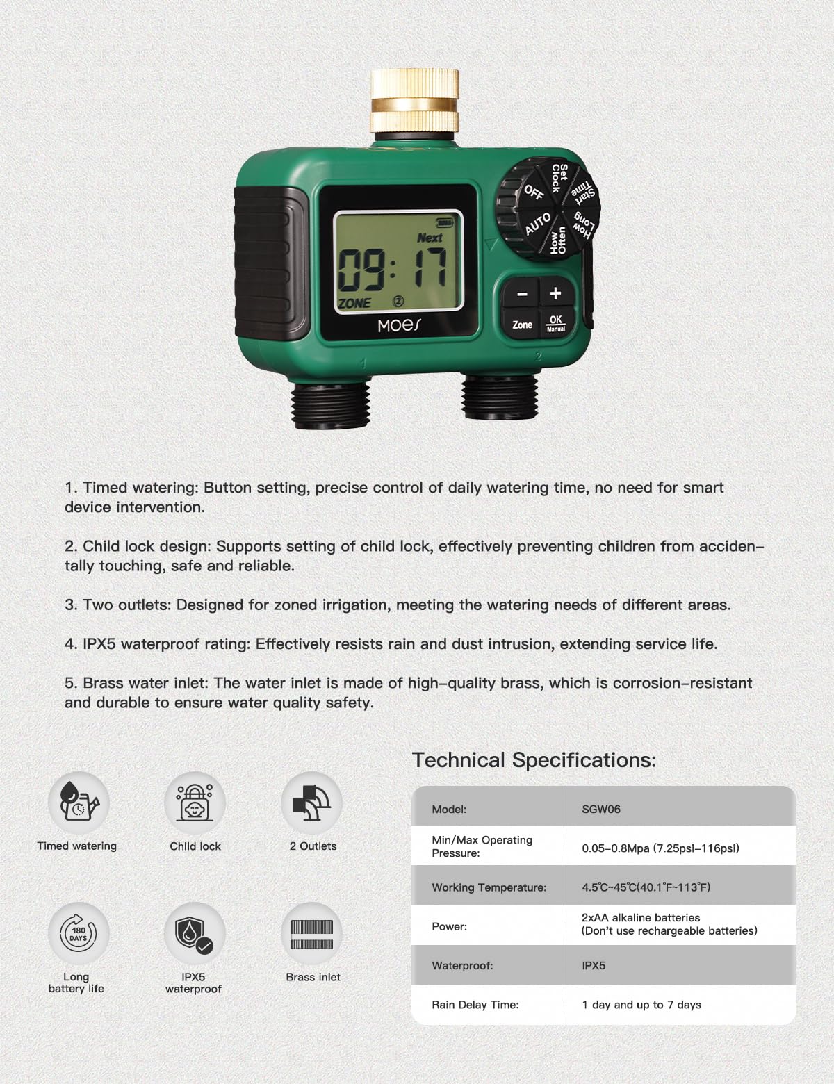 MOES Timer irrigatore a 2 uscite, ingresso in ottone, regolatore automatico programmabile per irrigazione, ritardo pioggia, irrigazione manuale, timer per tubi dell'acqua a 2 zone per giardini, prati