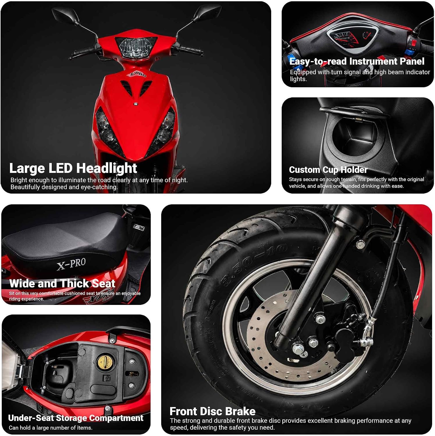 Close-up images of the X-PRO Bali 50cc Moped's LED headlight, easy-to-read instrument panel, custom cup holder, wide seat, under-seat storage, and front disc brake.
