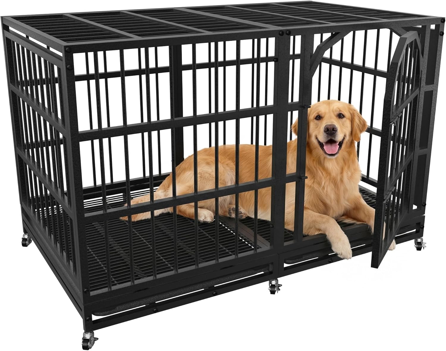 Asee'm 48 inch Heavy Duty Dog Crate for Large Dogs with Wheels, Indestructible Escape-Proof Dog Kennel Cage Indoor for High Anxiety Dogs with Locks and Removable Trays (Black)