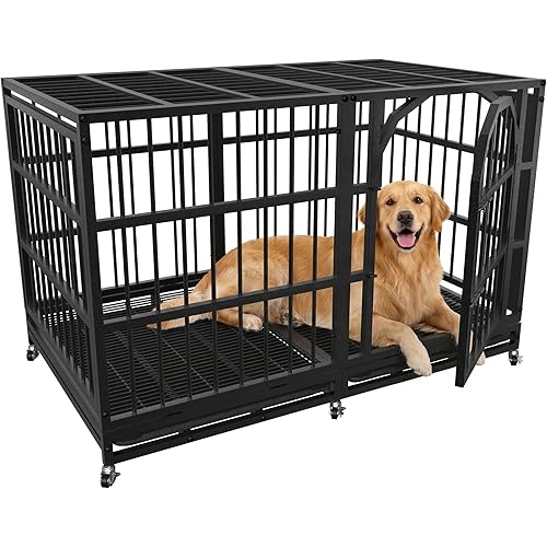 Asee'm 48 inch Heavy Duty Dog Crate for Large Dogs with Wheels, Indestructible Escape-Proof Dog Kennel Cage Indoor for High Anxiety Dogs with Locks and Removable Trays (Black)