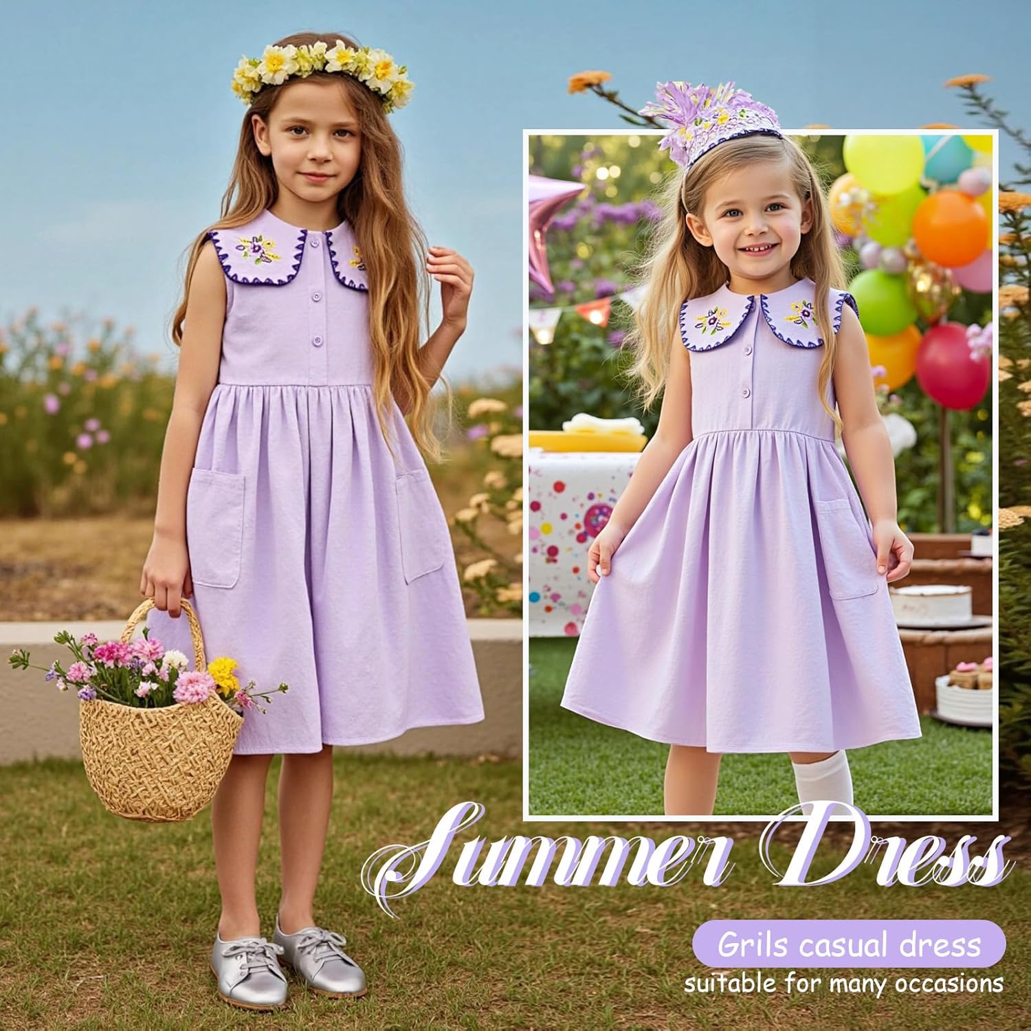 Little Bitty Girls Cotton Embroidered Peter Pan Collar Sleeveless Summer Party Birthday Sunshine A line Dress 2-6 Years - Image 7