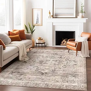 GENIMO 6x9 Area Rugs for Living Room, Machine Washable Non Slip Vintage Retro Rugs, Low Pile Lightweight Thin Print Rug for Bedroom, Dining Room, Home Office, Brownishi Drab