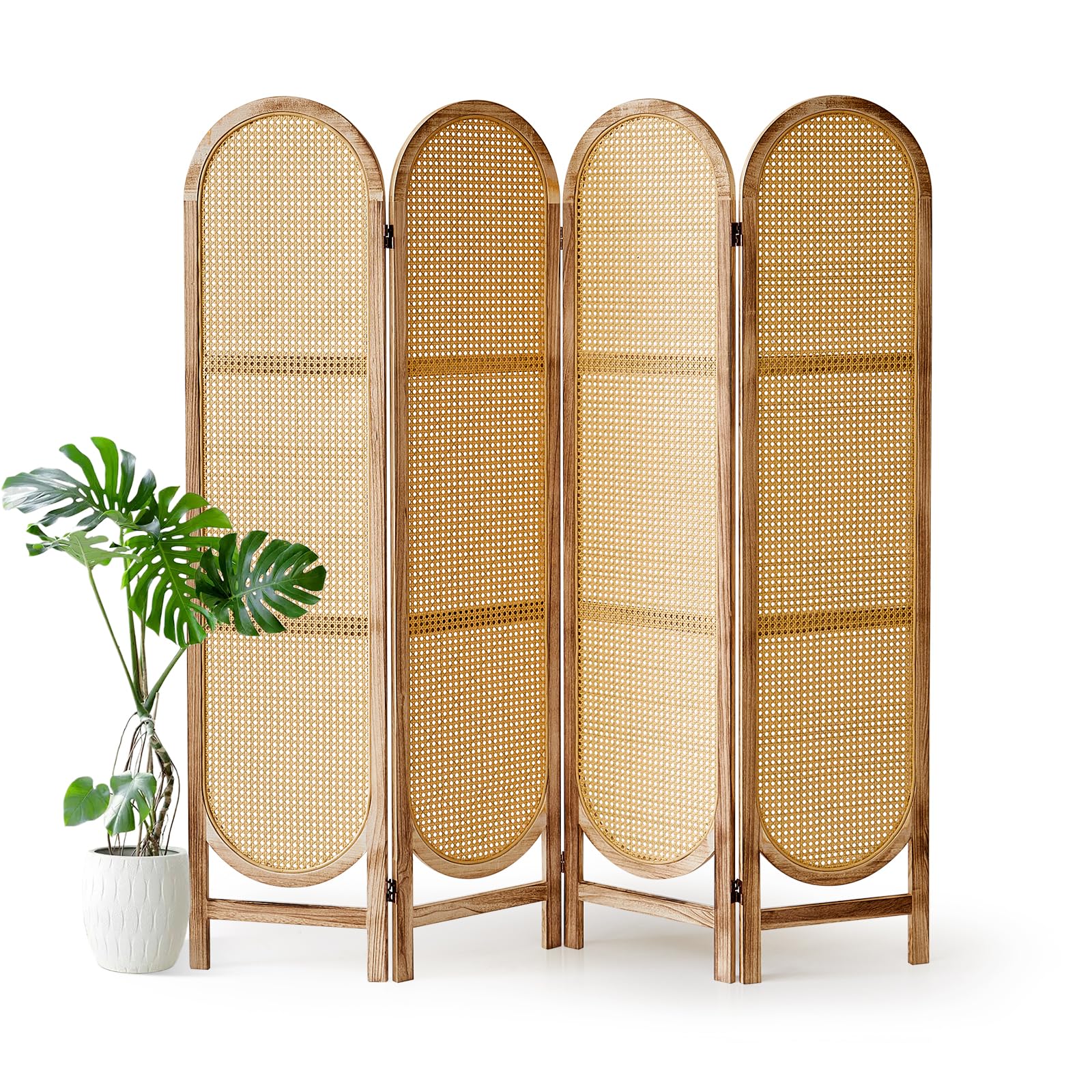 Aletheiawu 4 Panel Room Divider, 5.6 Ft Foldable Wood Room Divider Screen, Hand-Woven Rattan Folding Privacy Screens with Double Hinges, Wall Divider