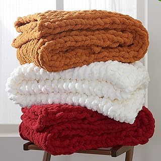 Longhui bedding Handmade Chunky Knit Blankets, Luxurious Chenille Cable Knit Throw Blanket Yarn for Couch Sofa and Bed, Ultra Soft Decorative Burnt Orange Christmas Blanket, Machine Washable 51 x 63