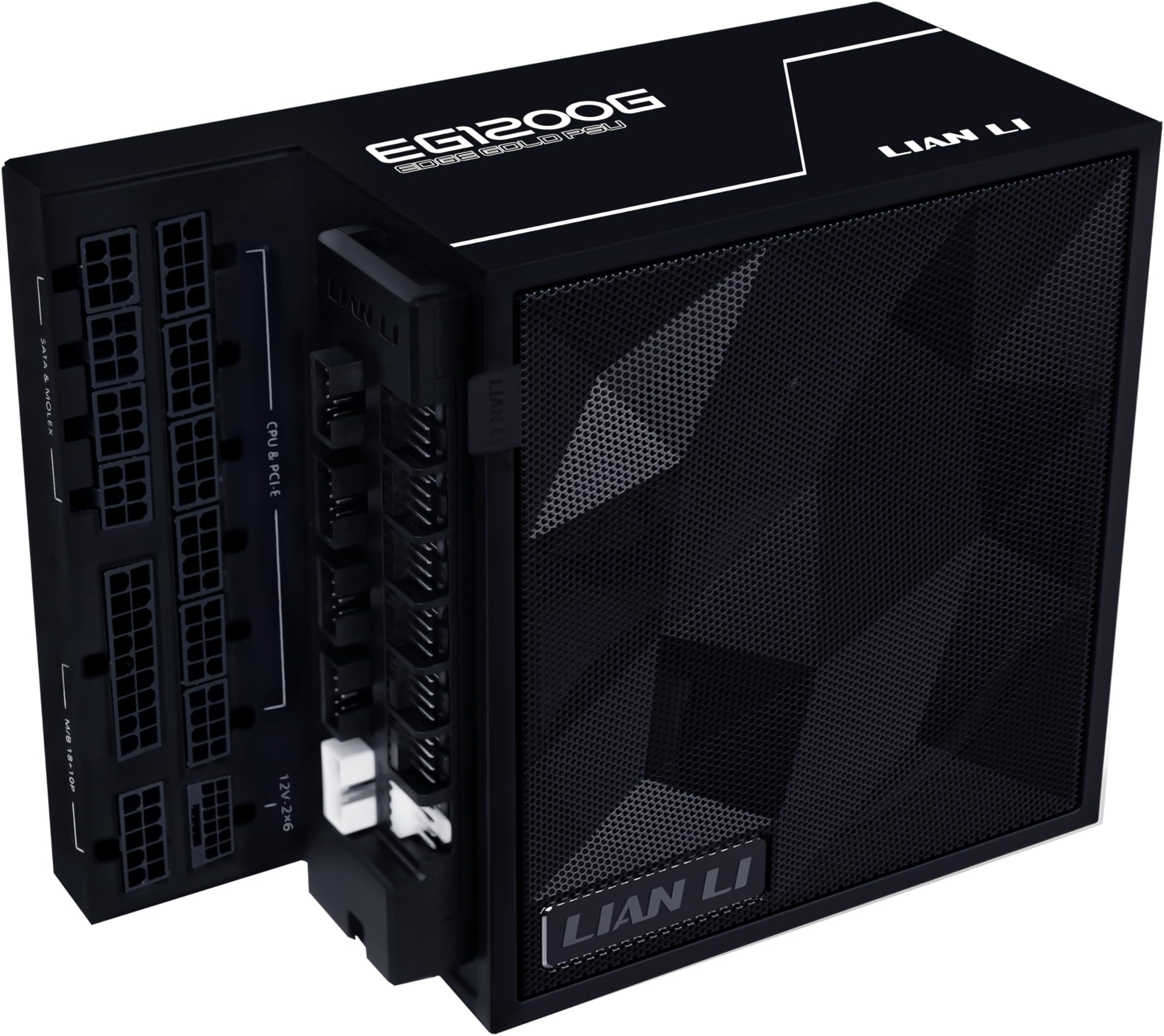 Lian Li Edge Serie - 1200W Full Modular Power Supply (Fan USB Hub Included) - Gold - ATX 3.1 - PCIE 5.1 Support - 12V-2x6 Connector - L-Shape Design for Dual Chamber Case - Black (EG1200G.BH)
