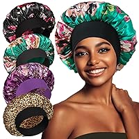 Vista 1 de vidsel 4 gorros de satén para mujer, gorro de seda para dormir, gorra de dormir de banda ancha para trenzas de cabello rizado