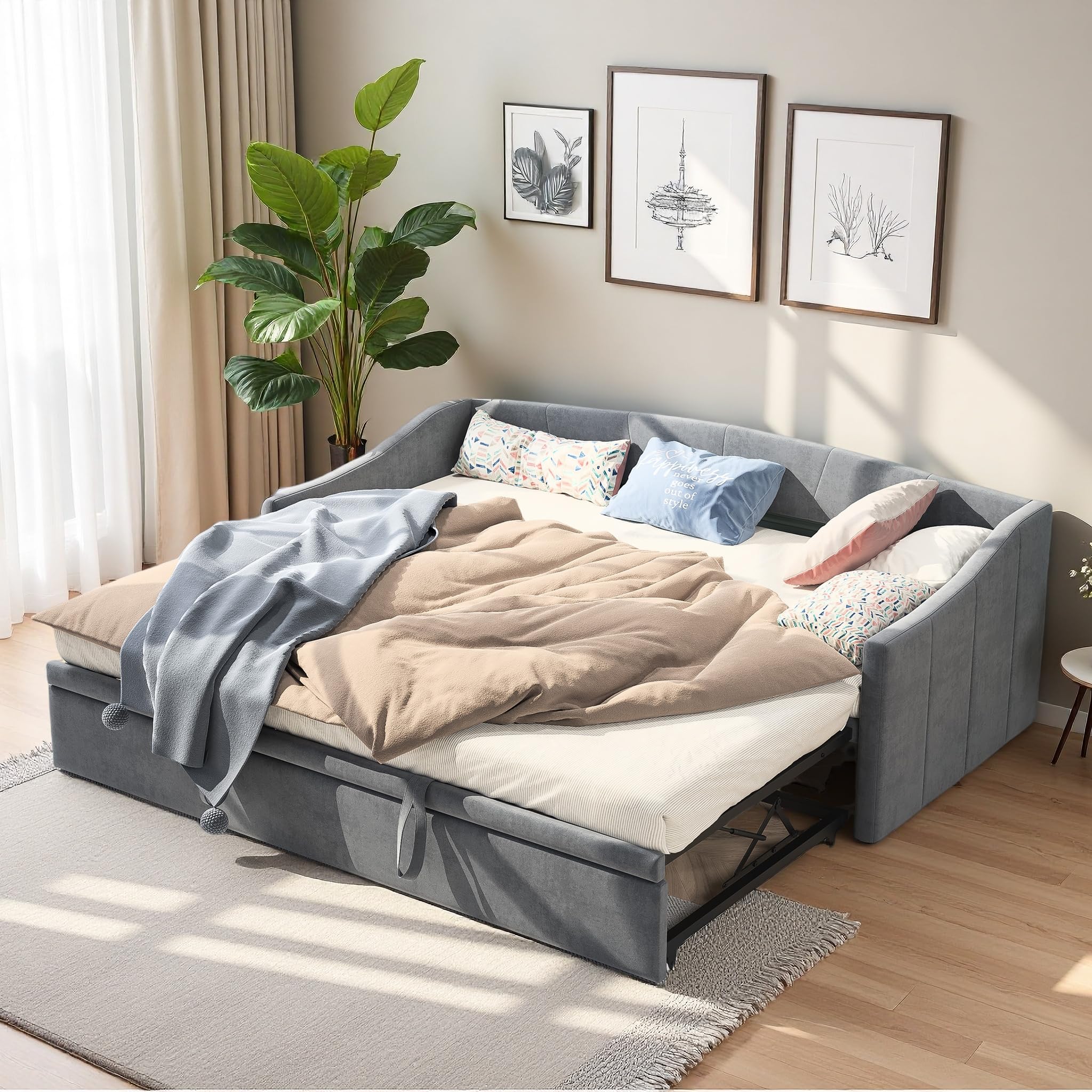 Canapé Lit Convertible 90/180 x 200 cm, Canapé Lit 2 Places Multifonctionnel avec Sommier à Lattes, Extensible en Velours pour Salon ou Chambre (Gris)