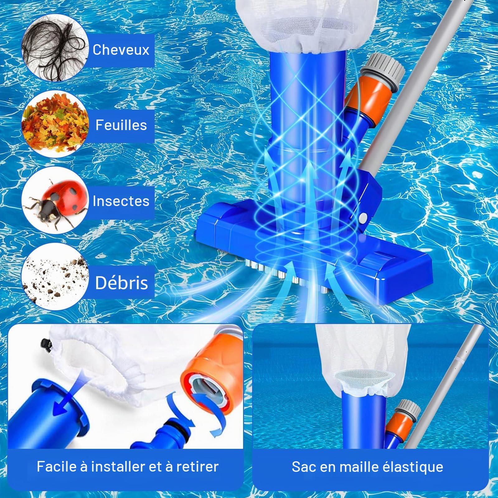 Aspirateur de Piscine, Kit d'entretien pour Piscine, Aspirateur de Piscine Kit de Nettoyage, Fontaines, Baignoires