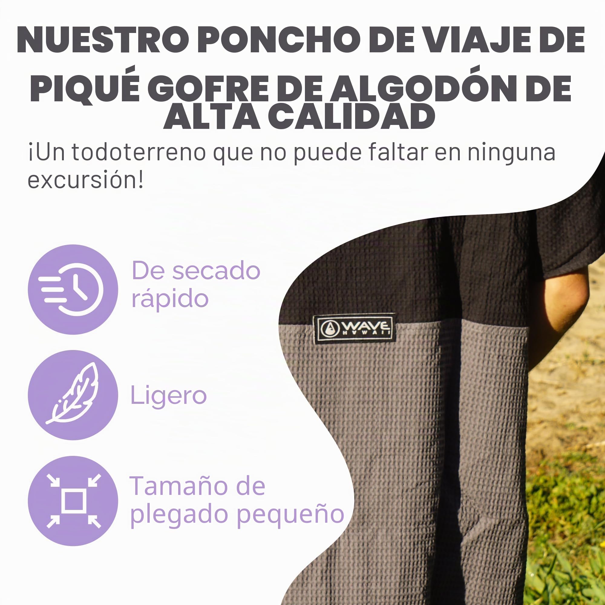 WAVE HAWAII Travel-Poncho de baño para hombre y mujer, S-M, 151-183 cm | 100% algodón, poncho de surf para adultos, toalla de rizo con alta absorción de agua, ayuda para cambiar la playa, adultos