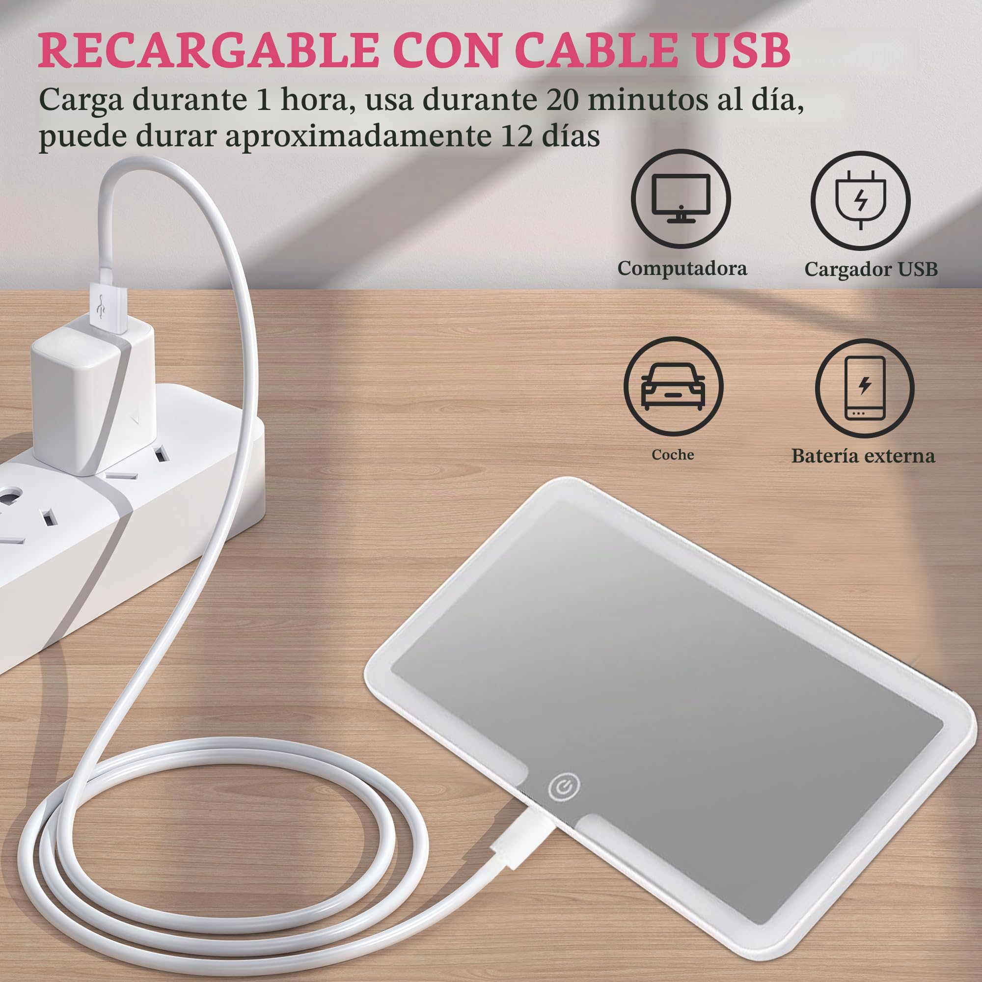 Lypumso Espejo de Maquillaje con Luz para Coche, Espejo Parasol Coche LED Universal con 3 Modos de Luz y Pantalla Táctil, Espejo de Tocador para Visera de Coche Recargable, Portátil, Blanco