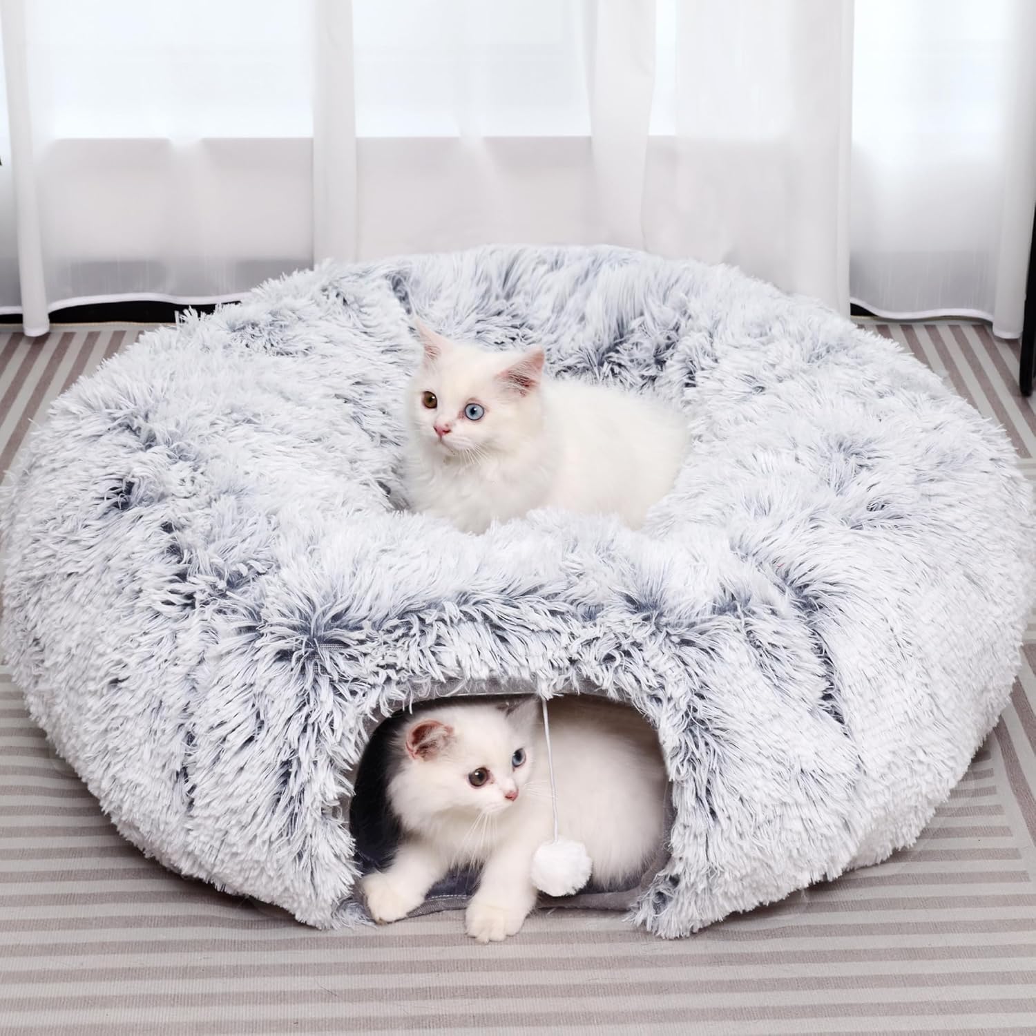 Plush Cat Tunnel with Cat Bed for Indoor Cats, Multifunctional Cat Donut Tunnel for Small Medium Large Cats Kitten Rabbit Puppies (Grey)