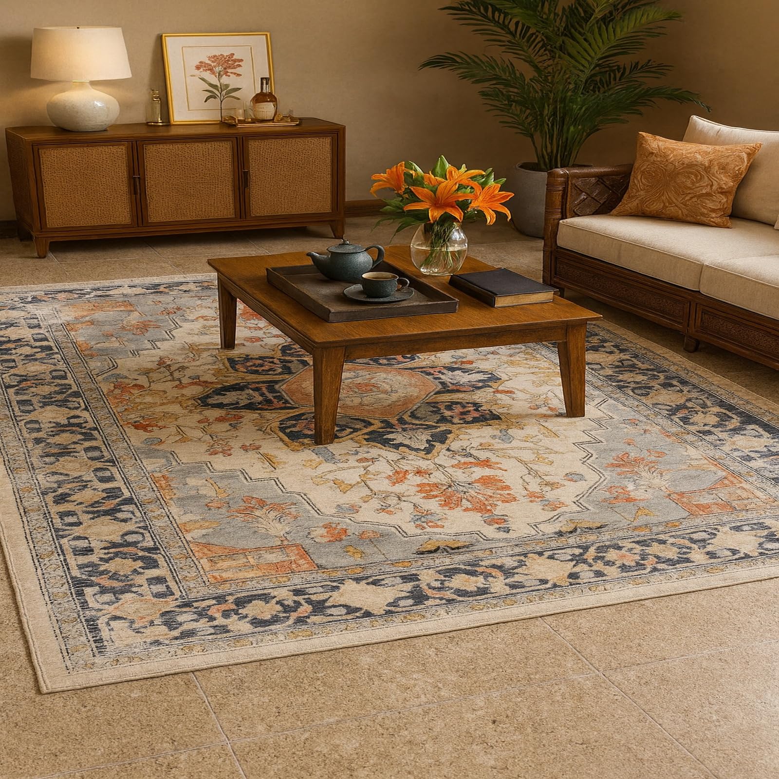 Tapis lavable en machine courte pile beige 100x160 pour entretien facile